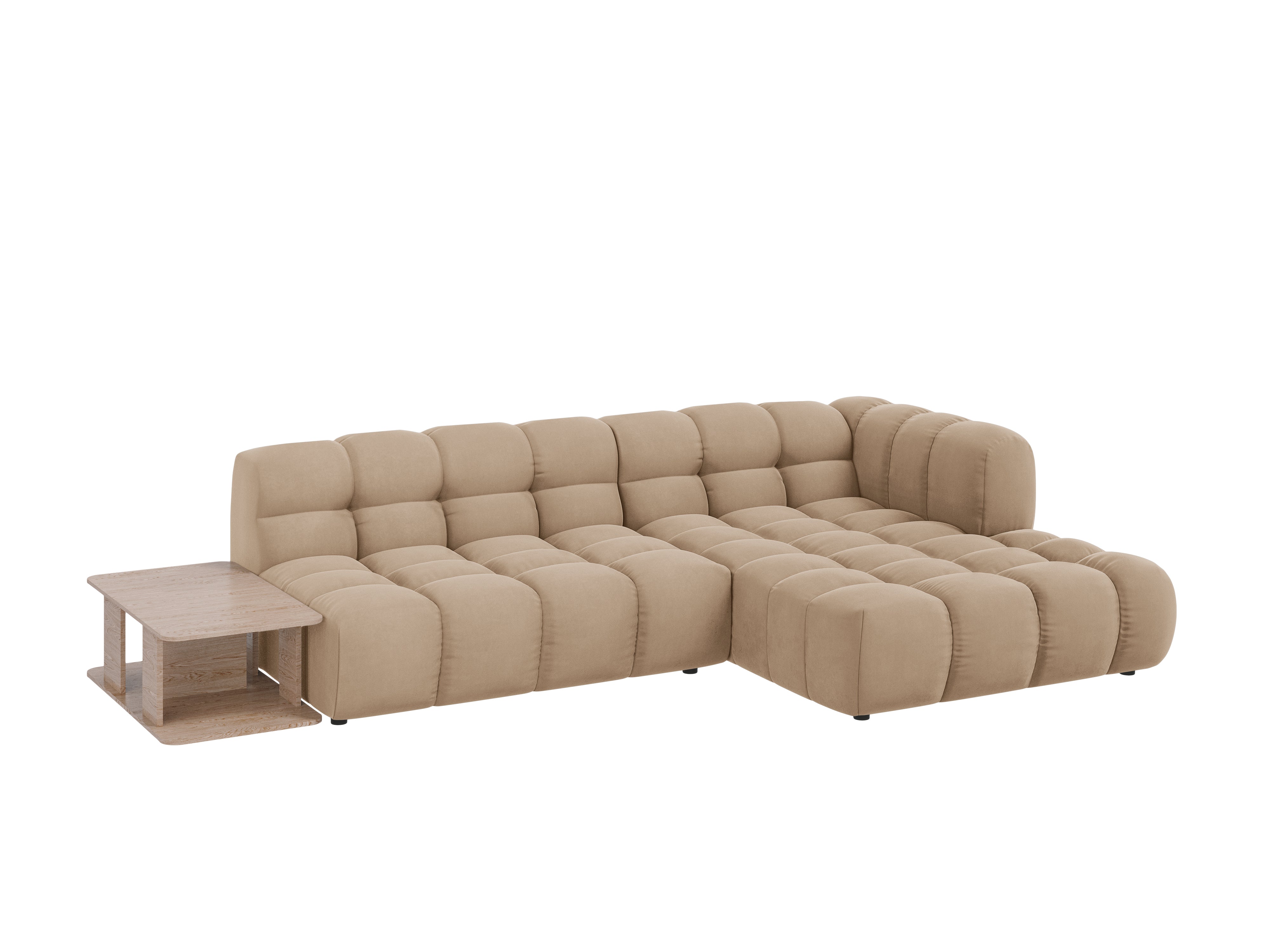 Narożnik aksamitny prawostronny 4-osobowy otwarty ze stolikiem SKY piaskowy Cosmopolitan Design Eye on Design