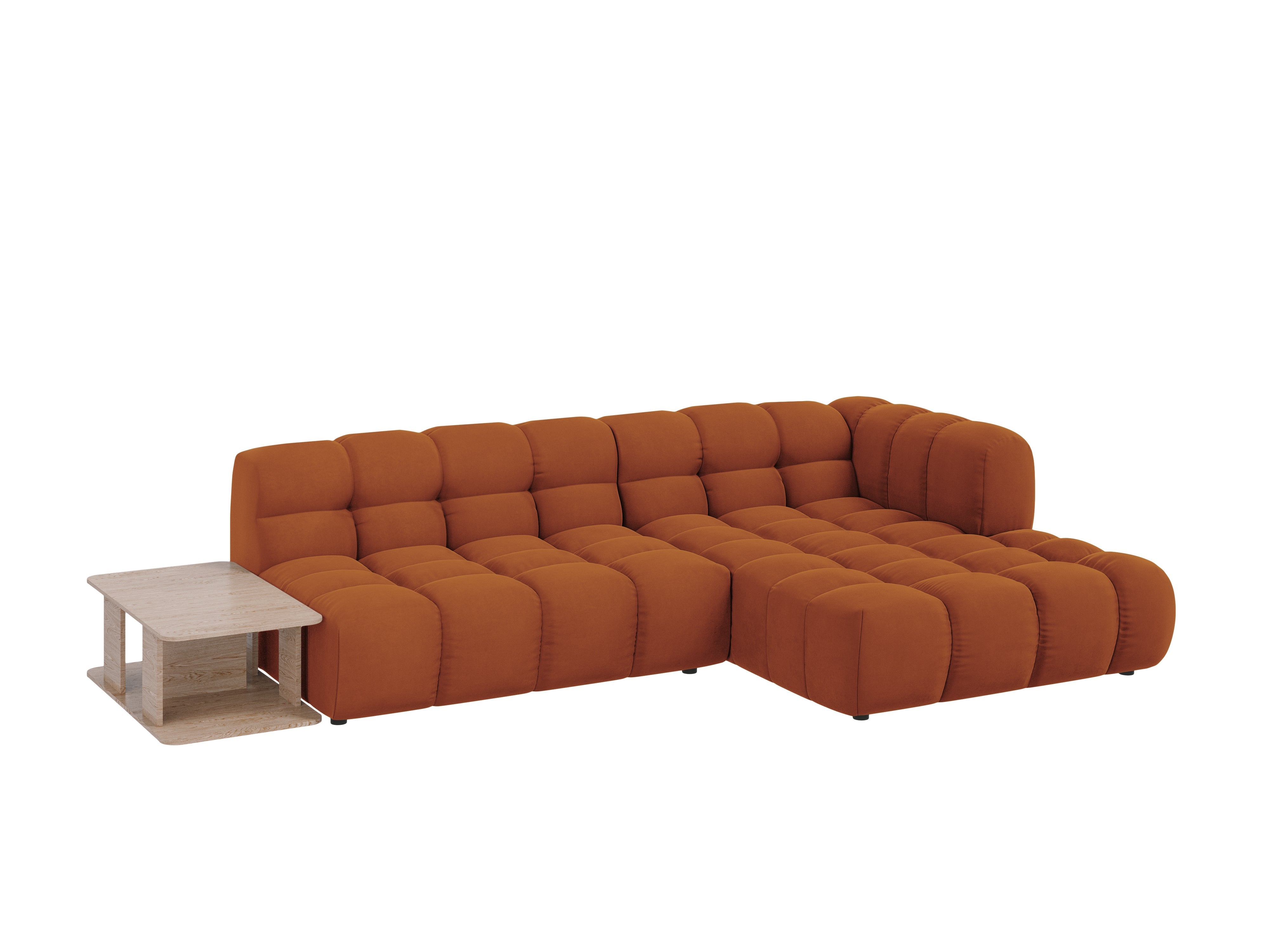 Narożnik aksamitny prawostronny 4-osobowy otwarty ze stolikiem SKY terracotta Cosmopolitan Design Eye on Design