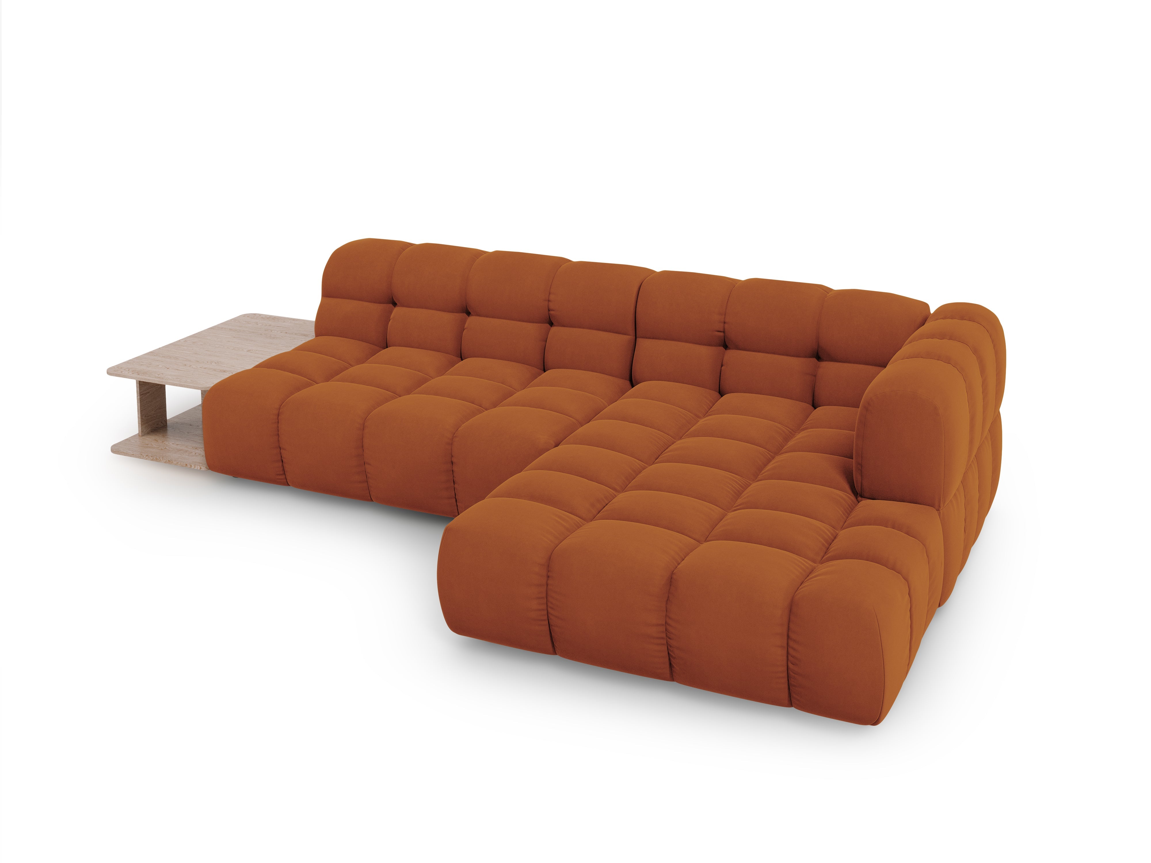 Narożnik aksamitny prawostronny 4-osobowy otwarty ze stolikiem SKY terracotta Cosmopolitan Design Eye on Design