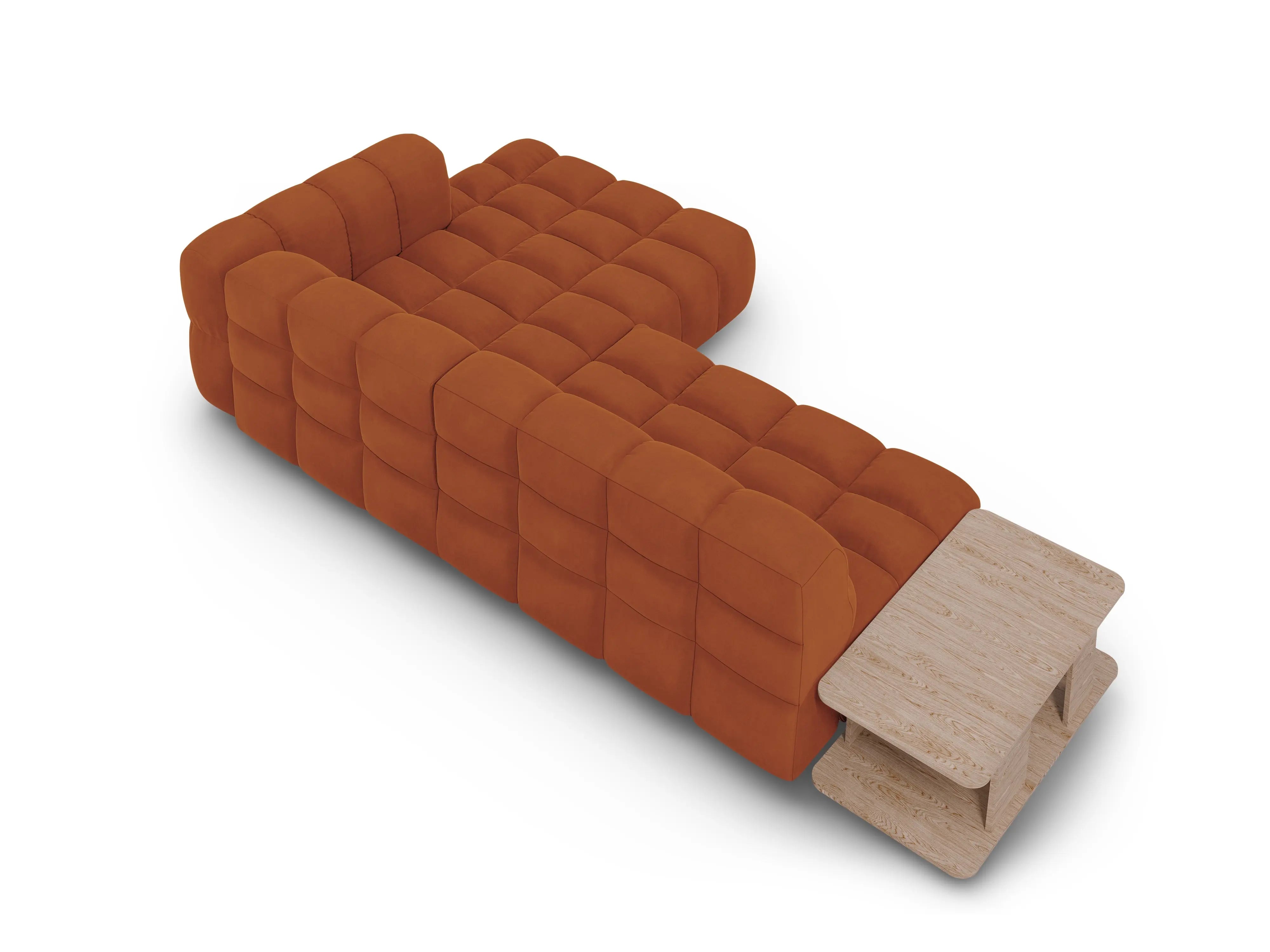 Narożnik aksamitny prawostronny 4-osobowy otwarty ze stolikiem SKY terracotta – Cosmopolitan Design