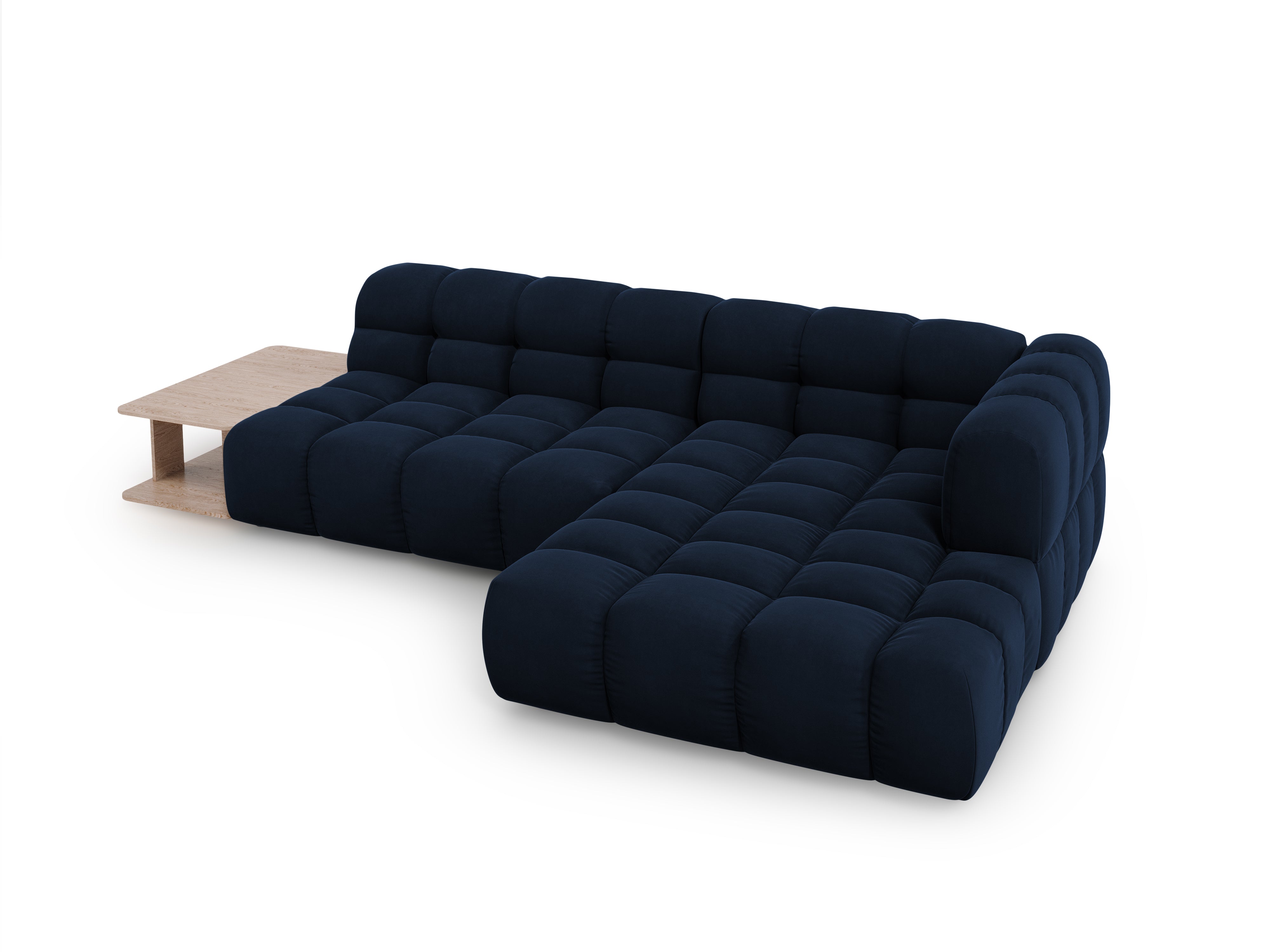 Narożnik aksamitny prawostronny 4-osobowy otwarty ze stolikiem SKY granat królewski Cosmopolitan Design Eye on Design