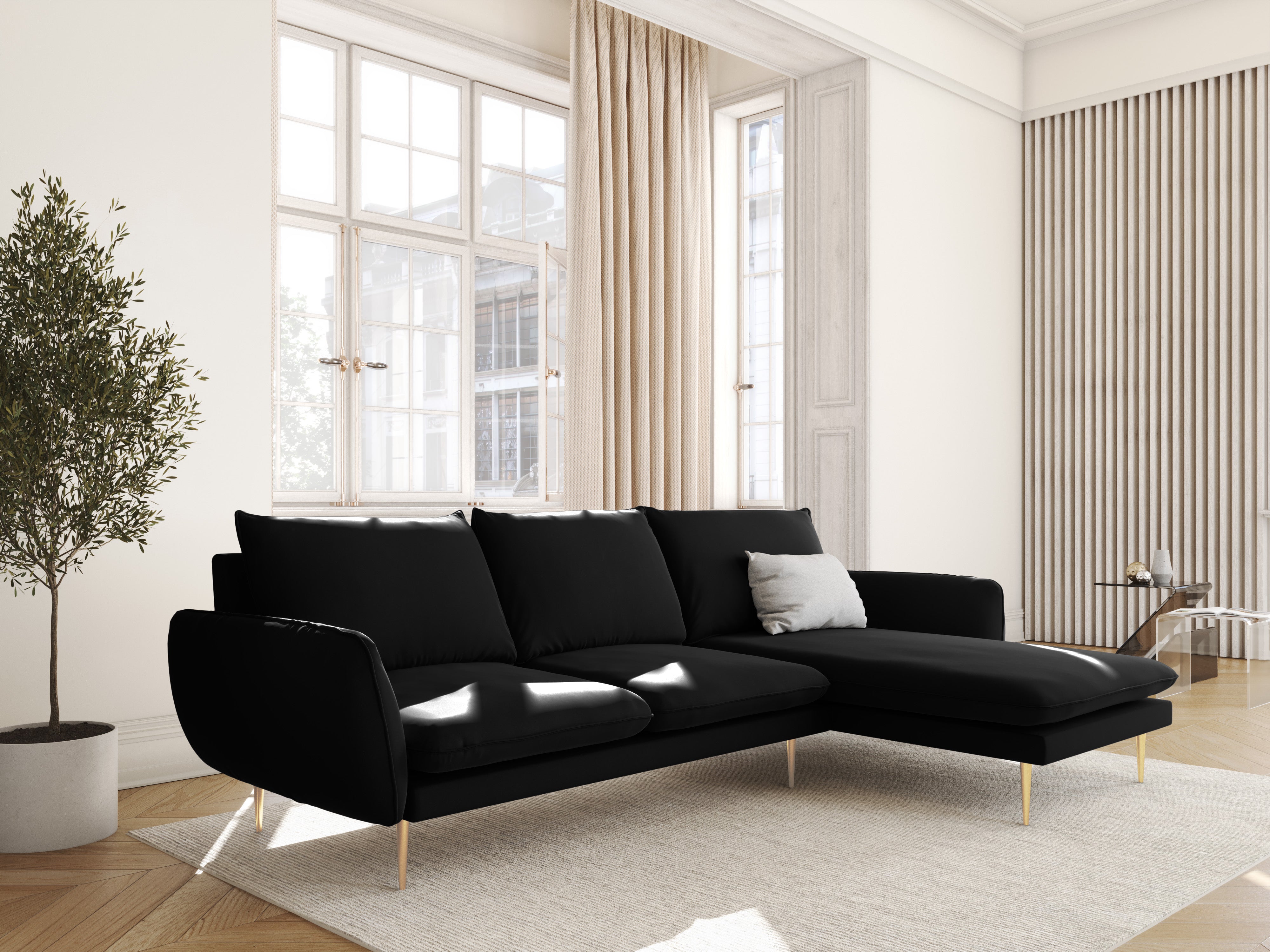 Velvet Corner Sofa Right-Hand 5-Seater VIENNA Black with Gold Base