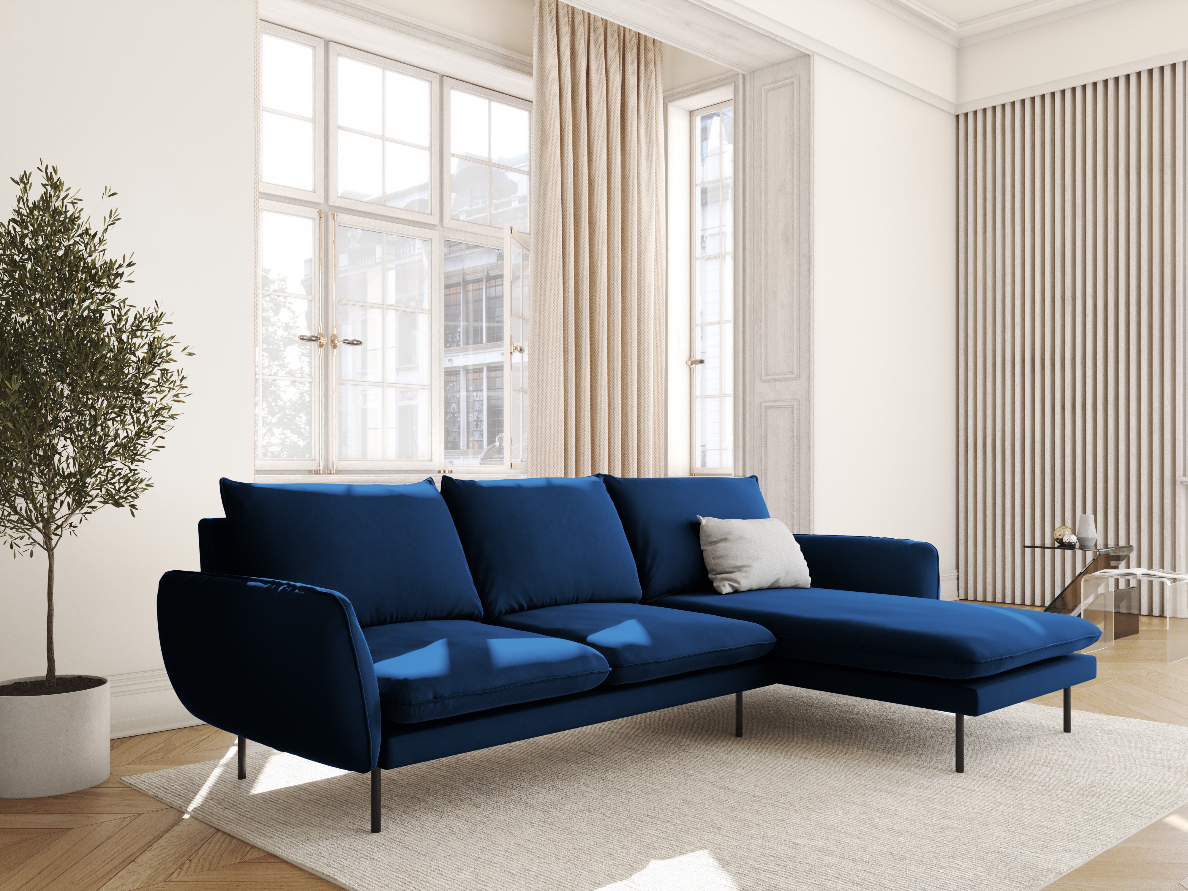 Right-facing velvet corner sofa for 5 people VIENNA in royal blue with a black base