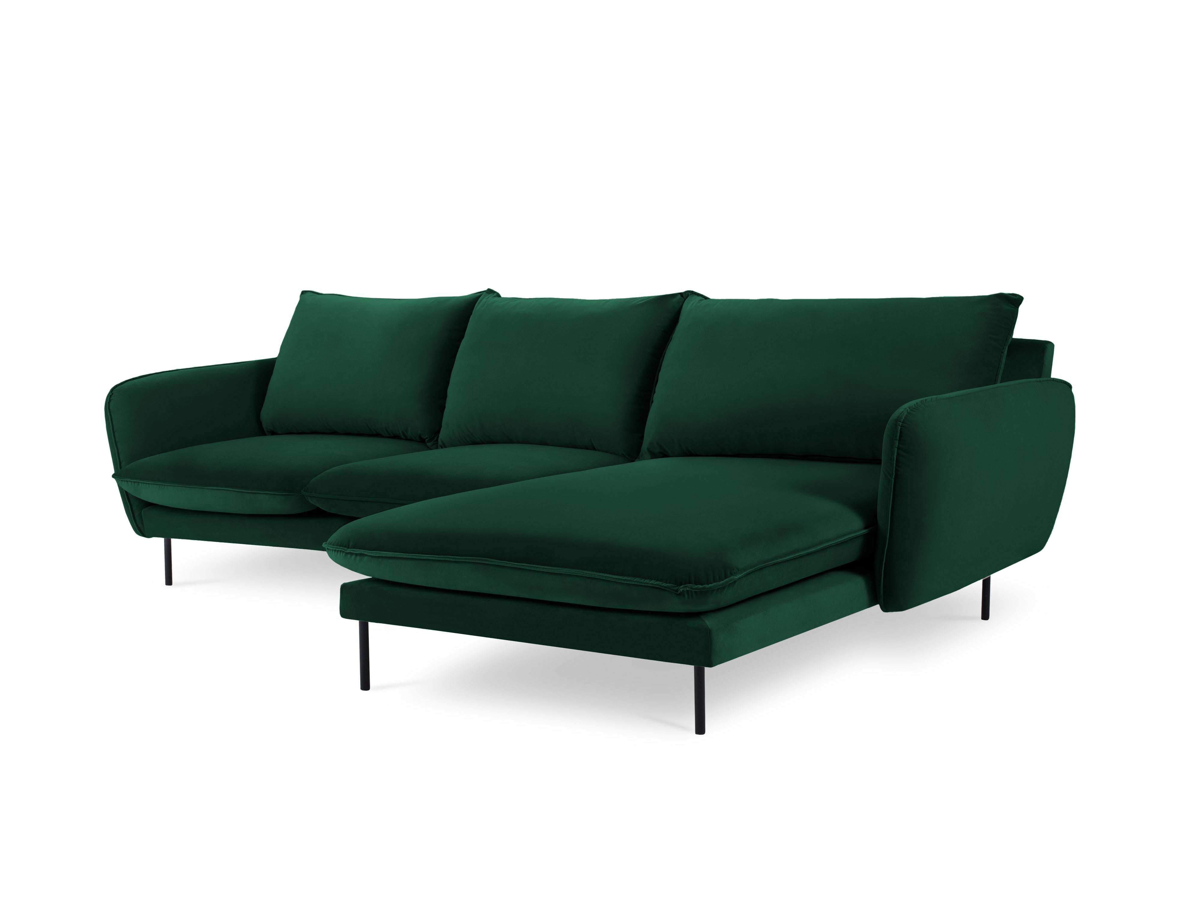 Velvet corner sofa, right-facing, 5-seater VIENNA in bottle green with a black base