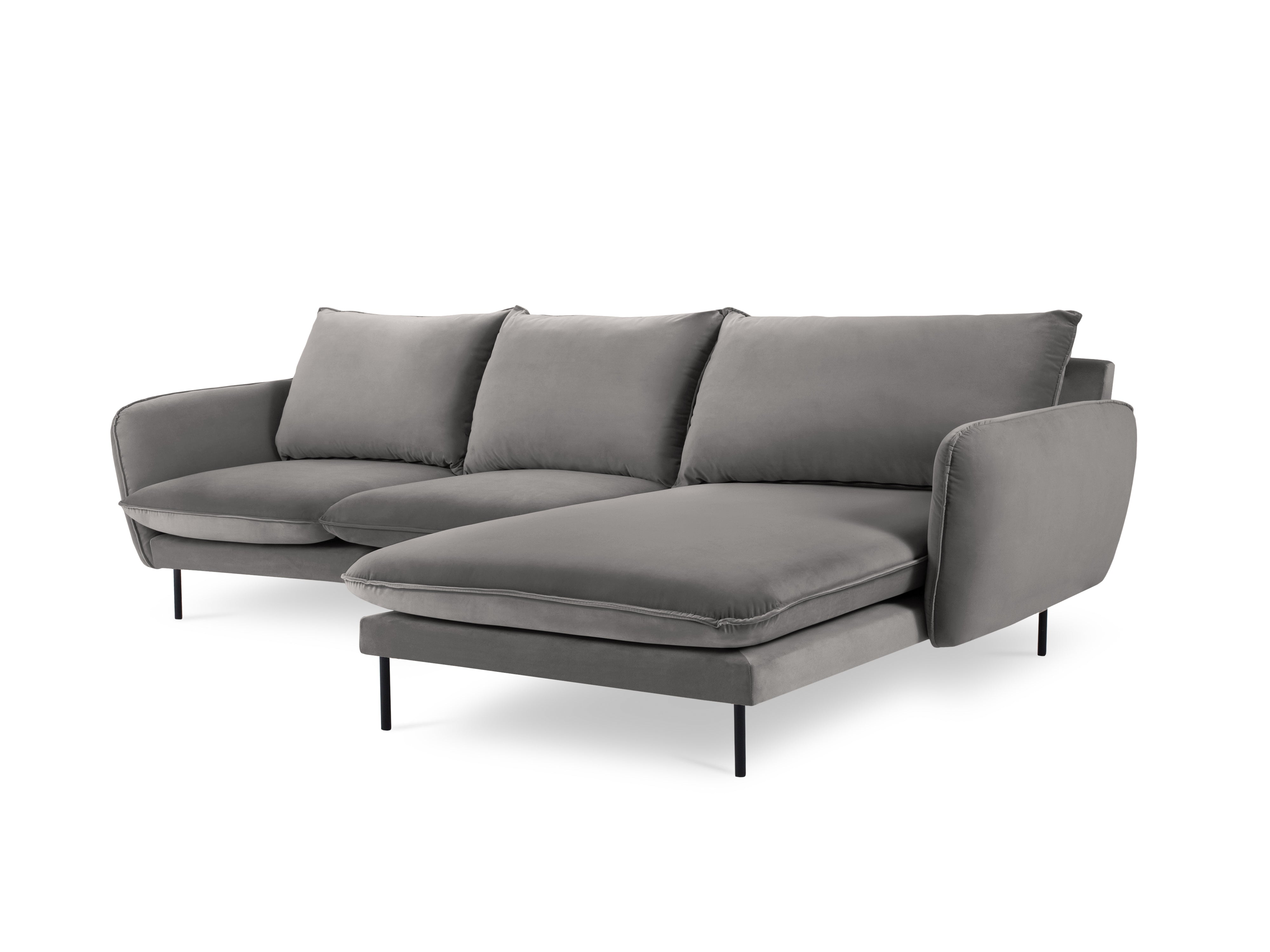 Right-facing velvet corner sofa for 5 people VIENNA in light gray with a black base