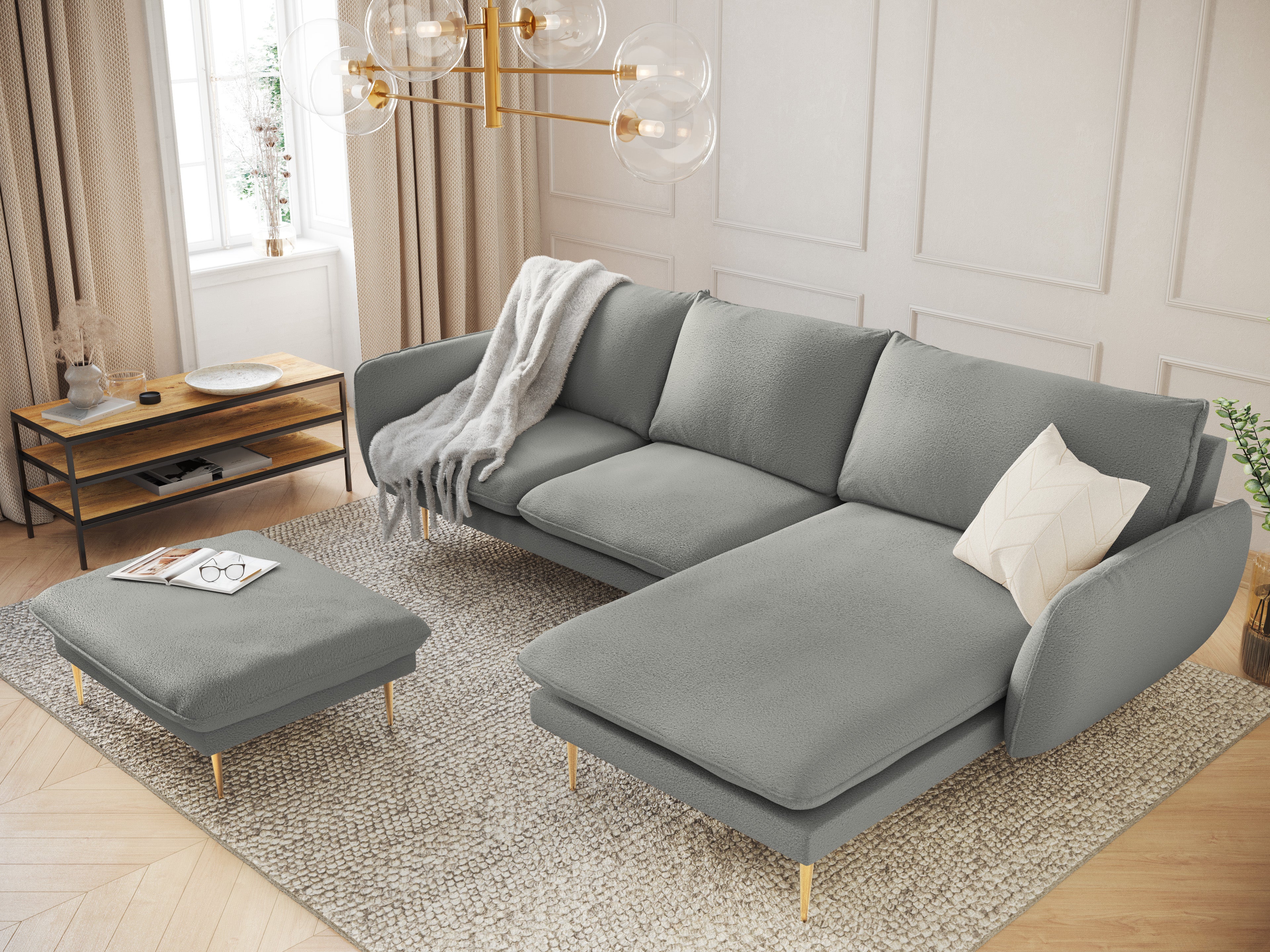 Right-facing 6-seater corner sofa VIENNA in gray boucle with a gold base