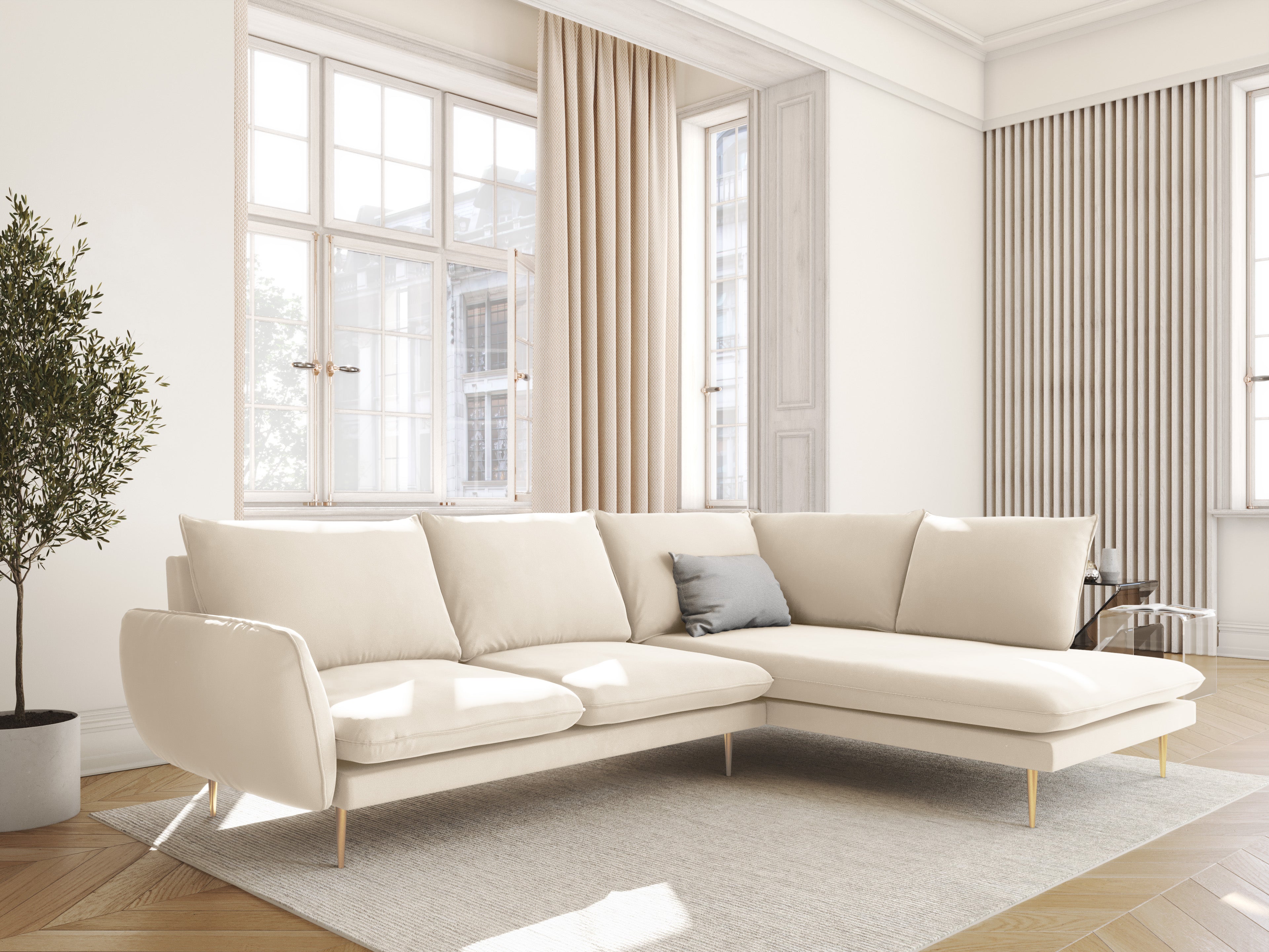 Velvet Corner Sofa Right-Hand 5-Seater VIENNA Beige with Gold Base