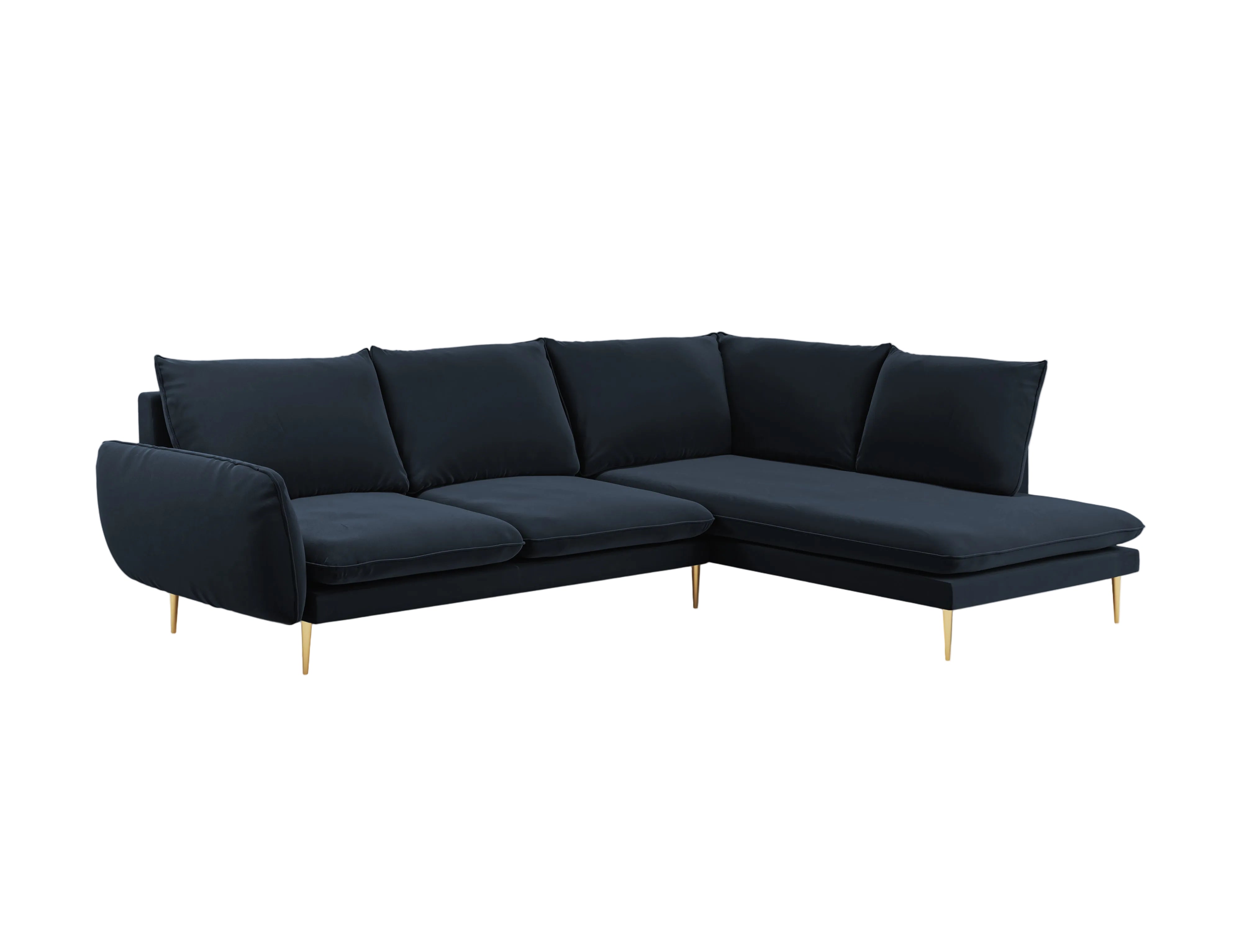 Velvet corner sofa, right-facing, 5-seater VIENNA in dark blue with a gold base