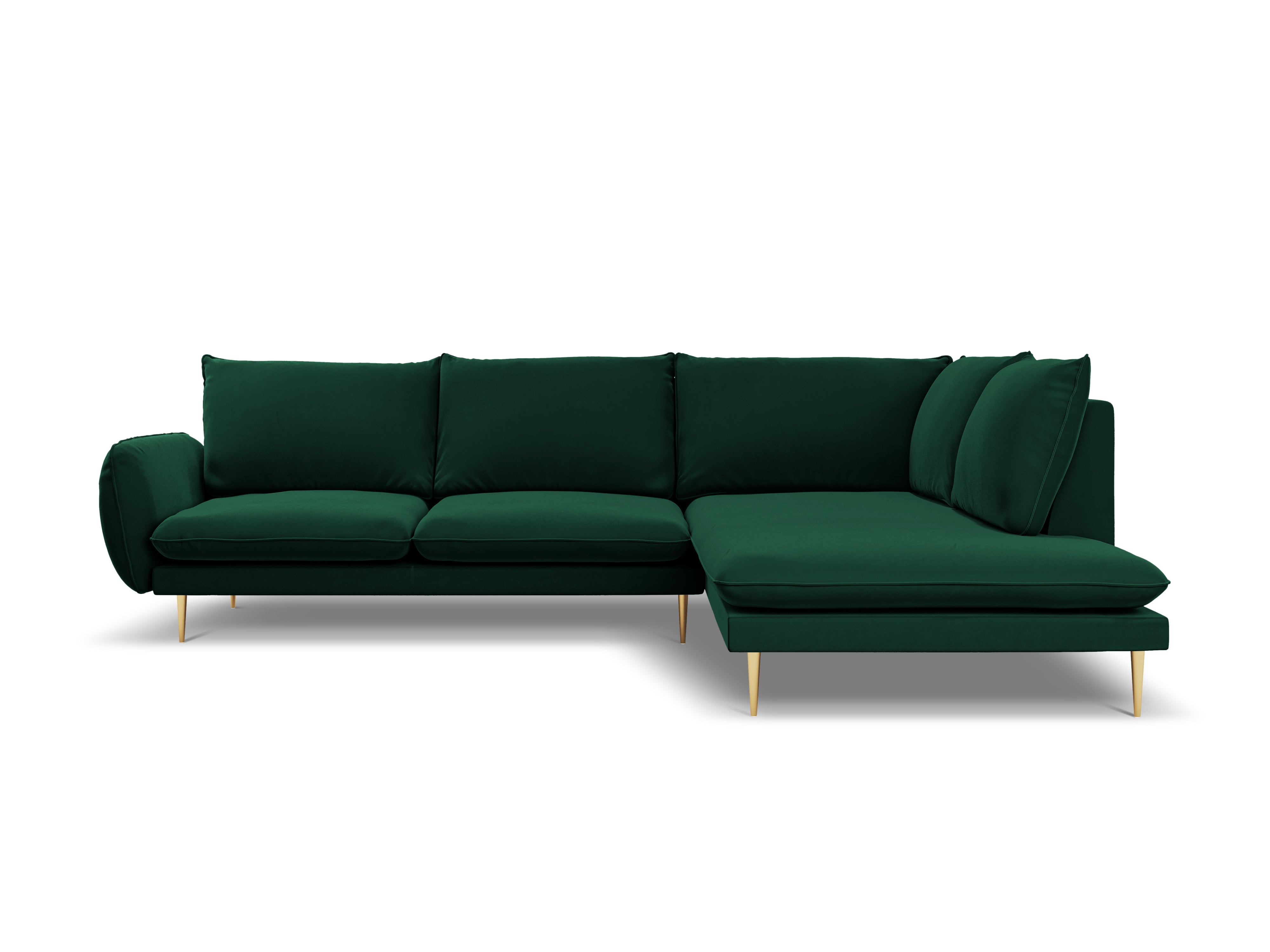 Velvet corner sofa right-facing for 5 people VIENNA in bottle green with a gold base