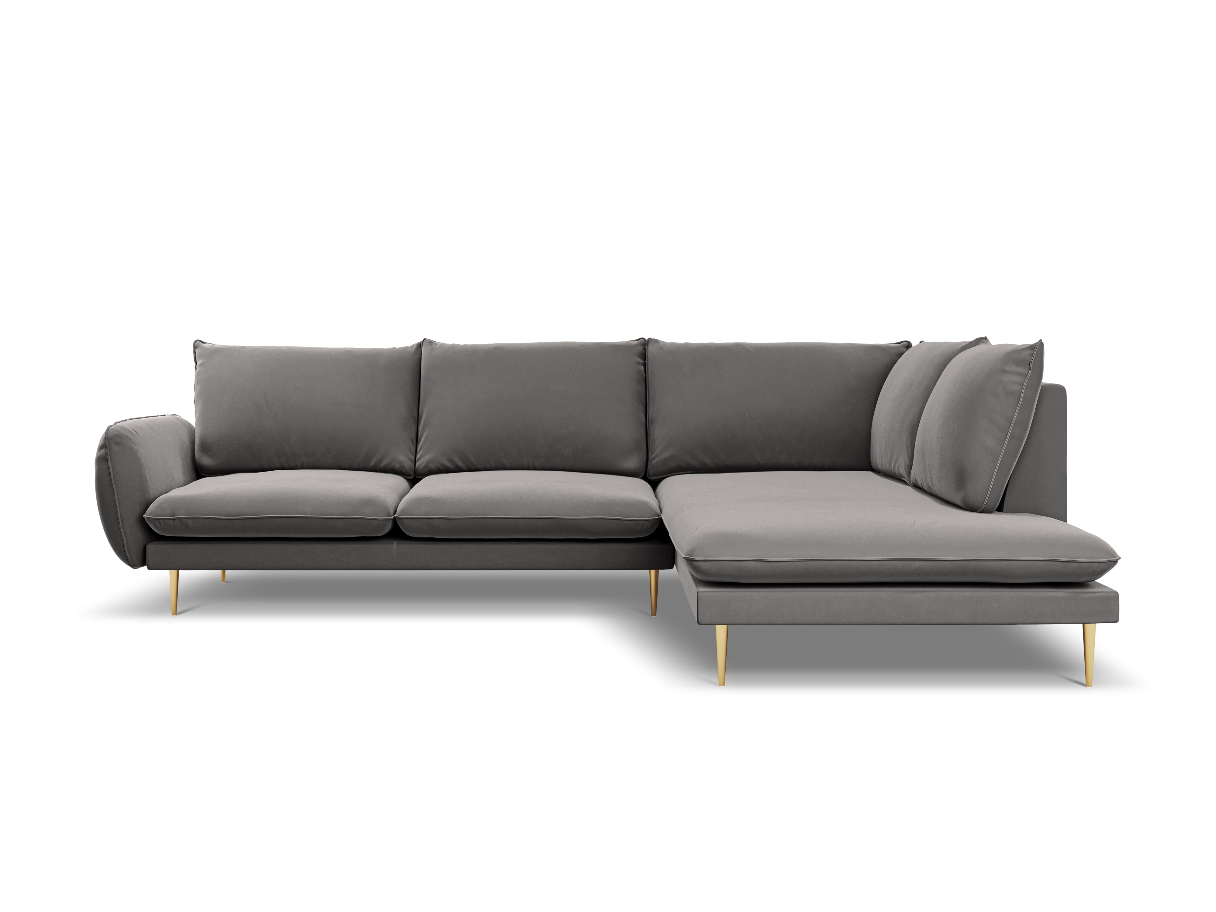 Velvet corner sofa, right-facing, 5-seater VIENNA in light gray with a gold base
