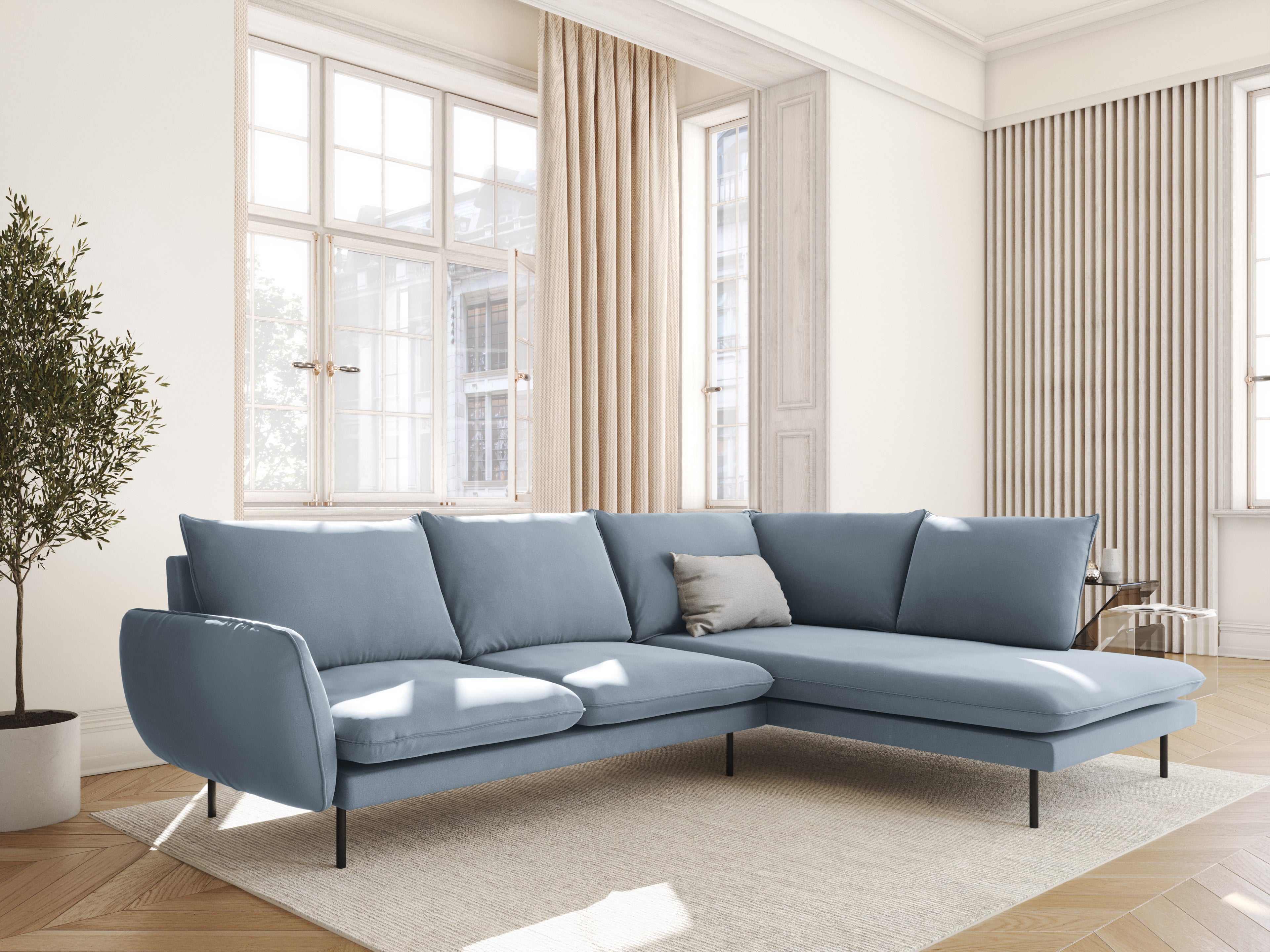 Velvet corner sofa right-facing for 5 people VIENNA light blue with black base