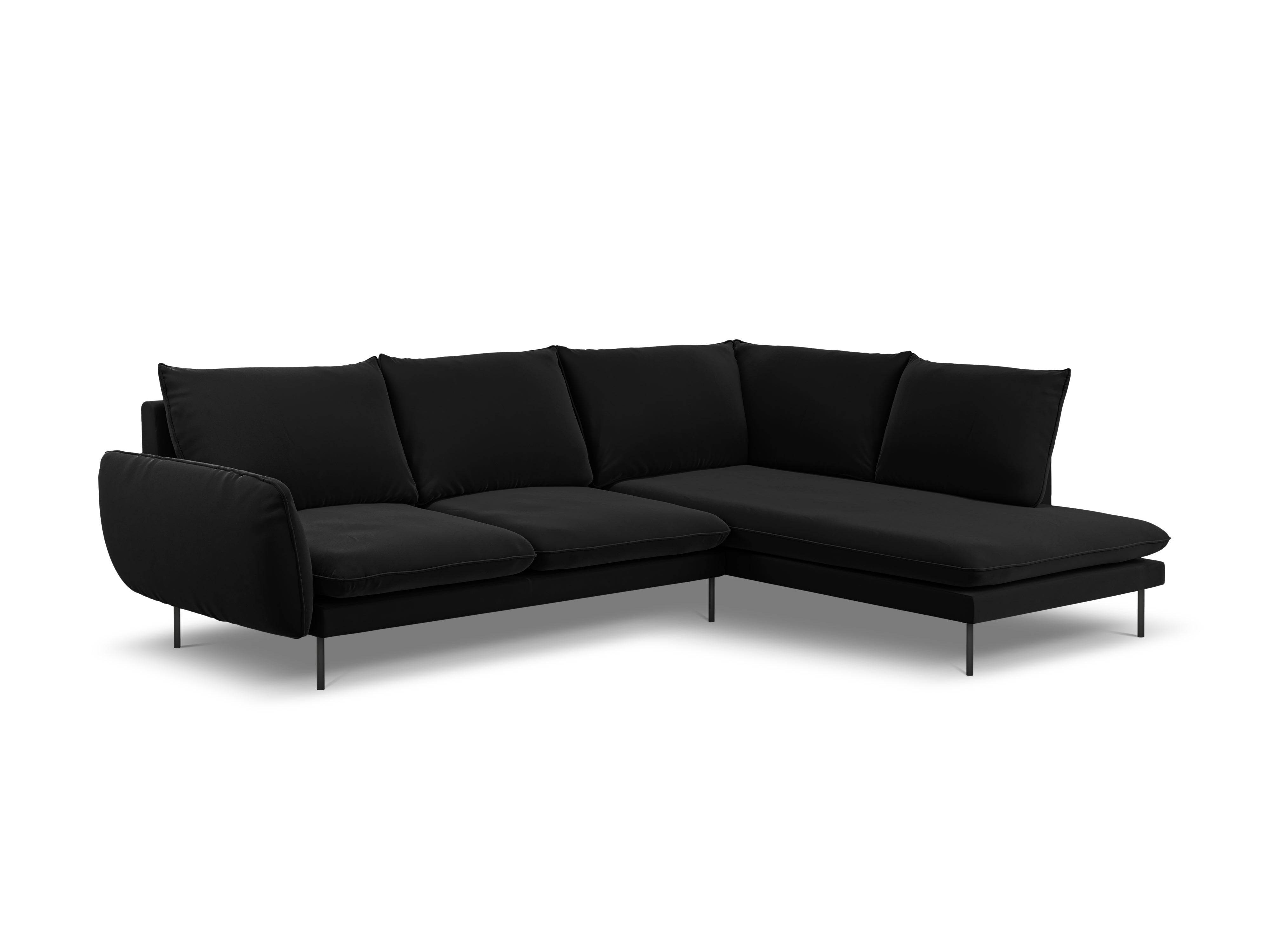 Velvet corner sofa right-facing for 5 people VIENNA black with black base