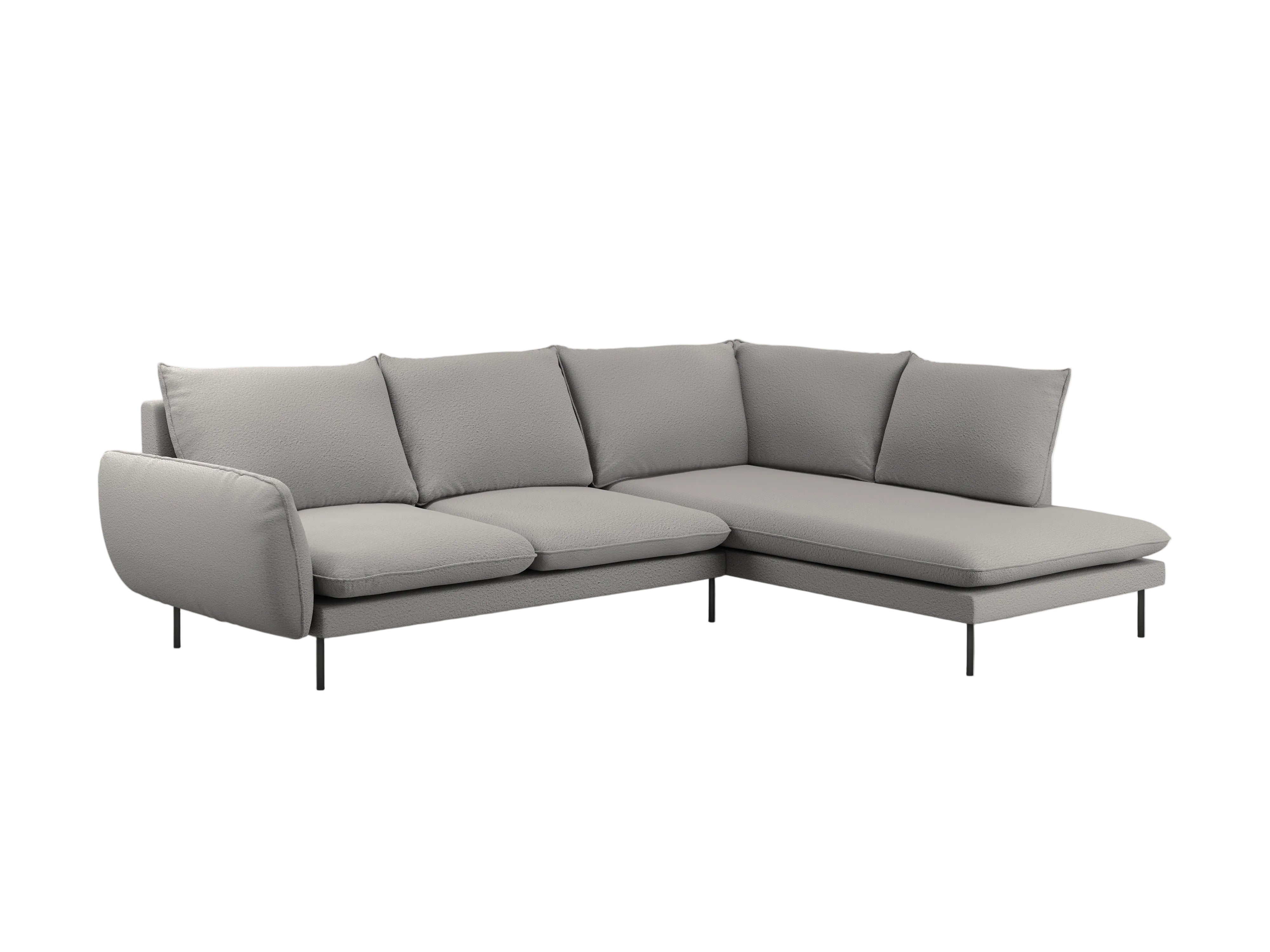 Right-facing 6-seater corner sofa VIENNA in gray boucle with a black base