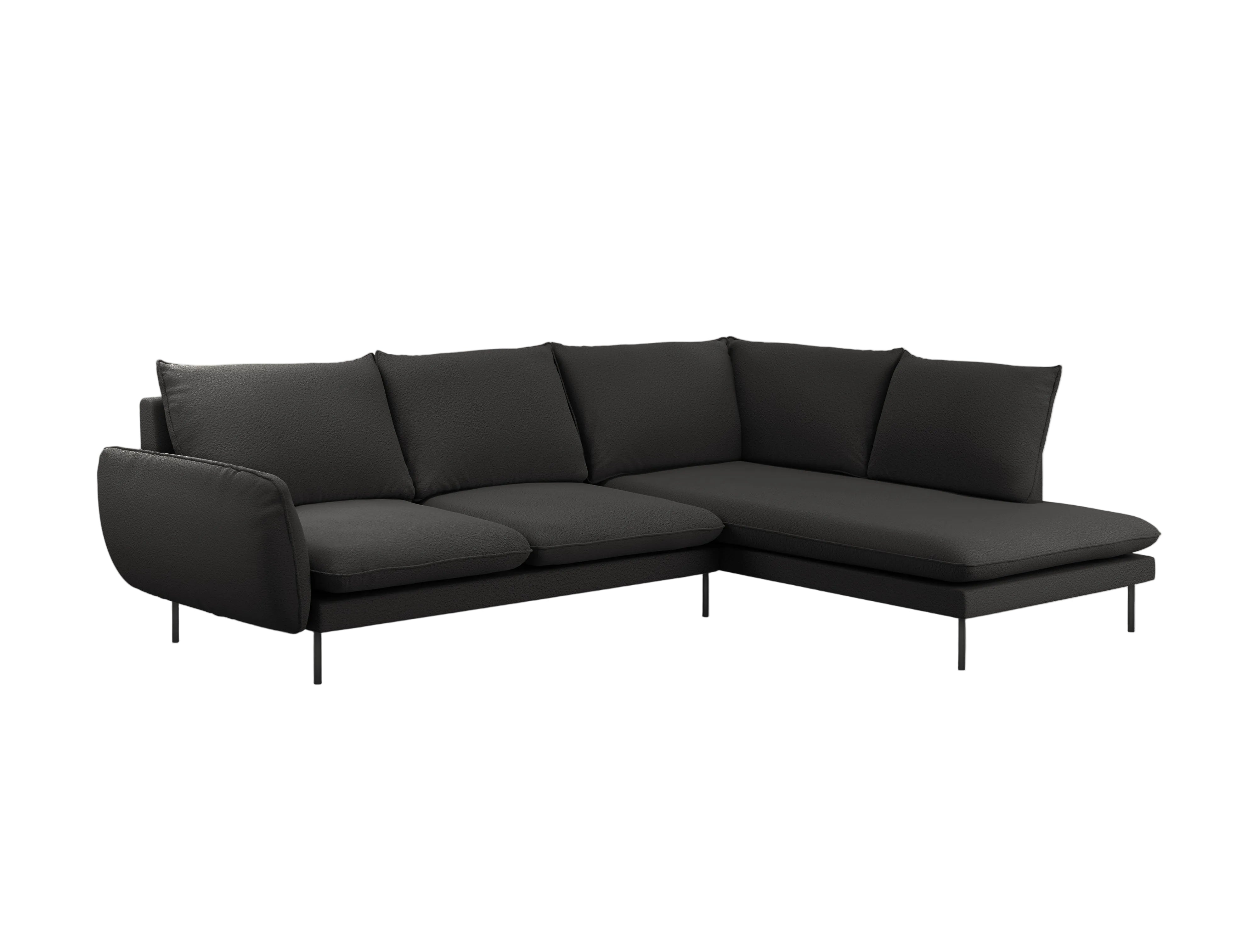 Right-facing 6-seater corner sofa VIENNA in black boucle with a black base