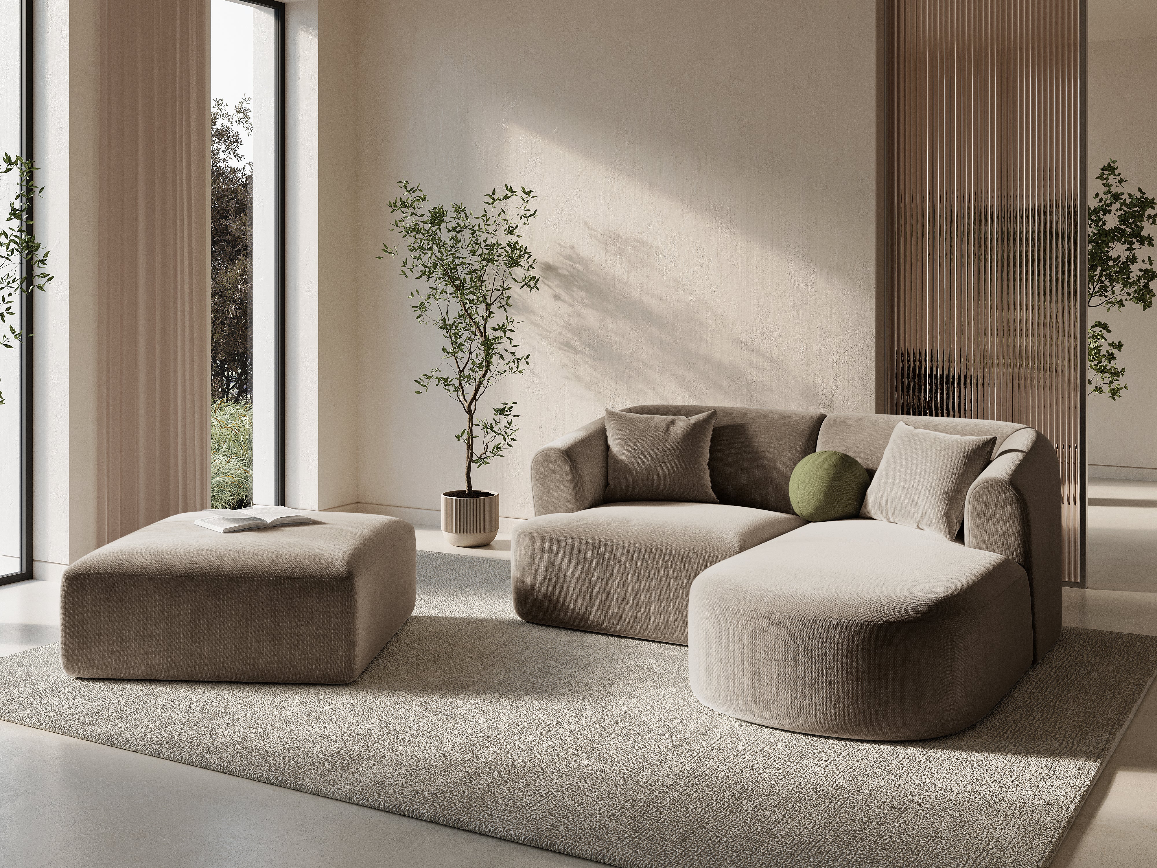 Samt-Ecksofa rechtsseitig 3-sitzig CAMPI dunkelbeige