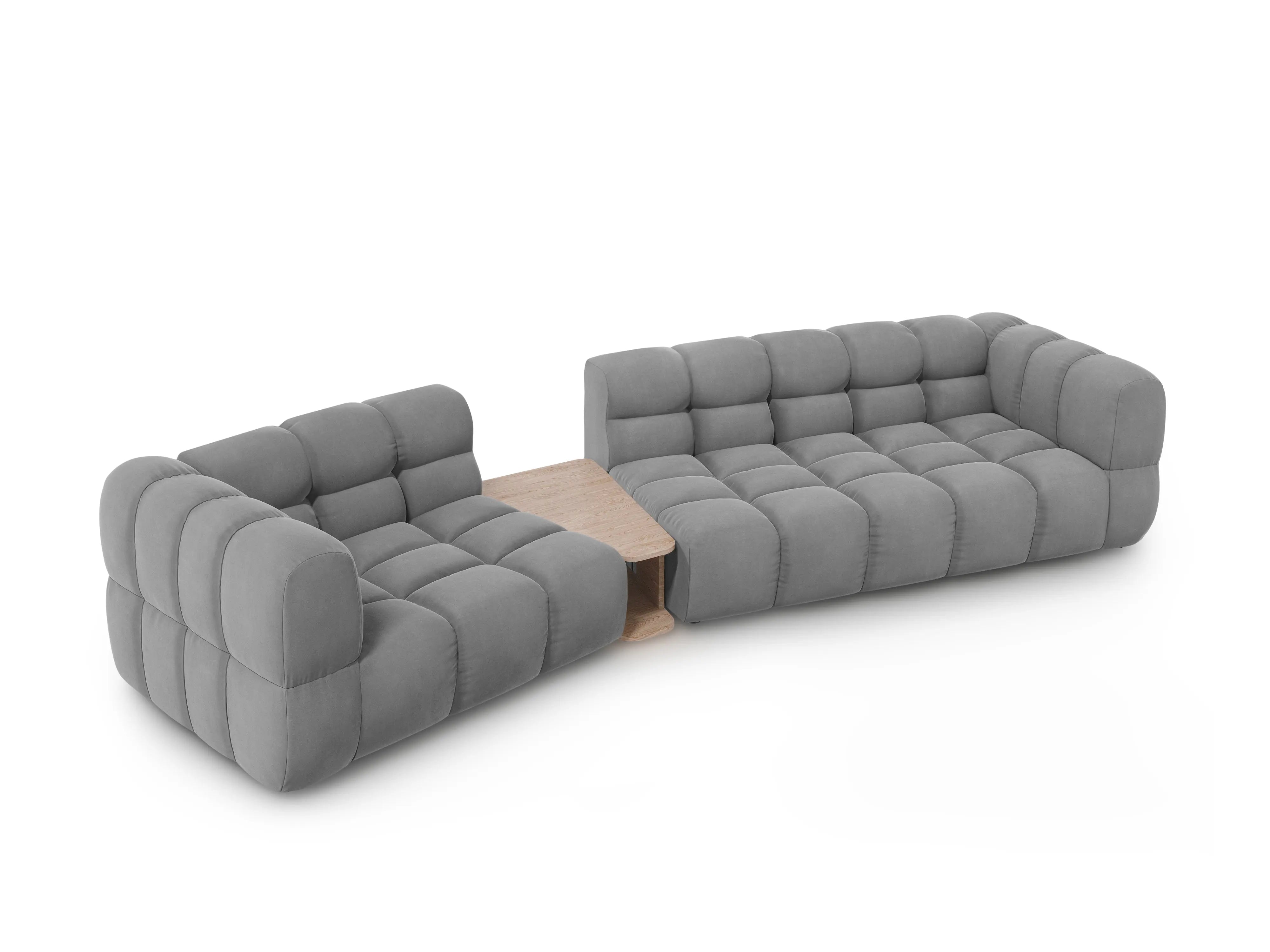 Sofa aksamitna lewostronna 3-osobowa zaokrąglona ze stolikiem SKY jasnoszary – Cosmopolitan Design