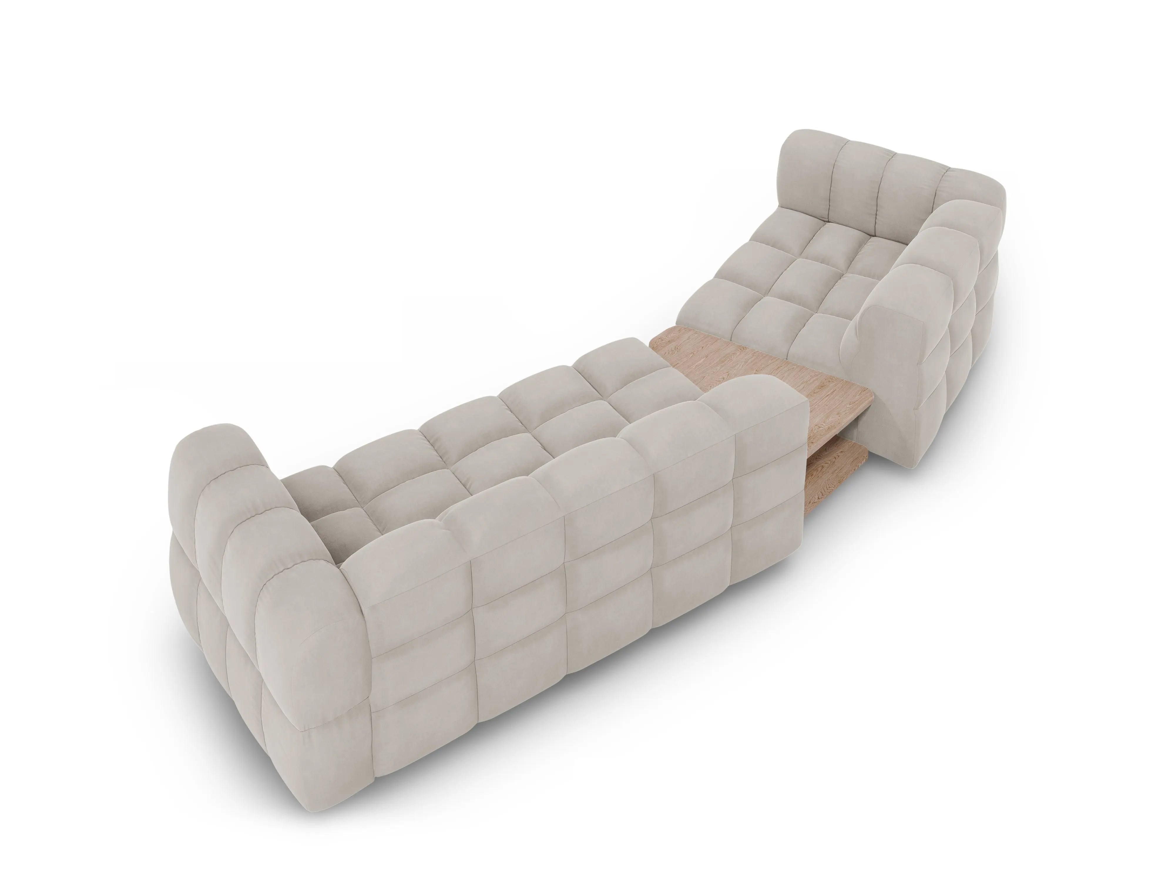 Sofa aksamitna lewostronna 3-osobowa zaokrąglona ze stolikiem SKY jasnobeżowy – Cosmopolitan Design