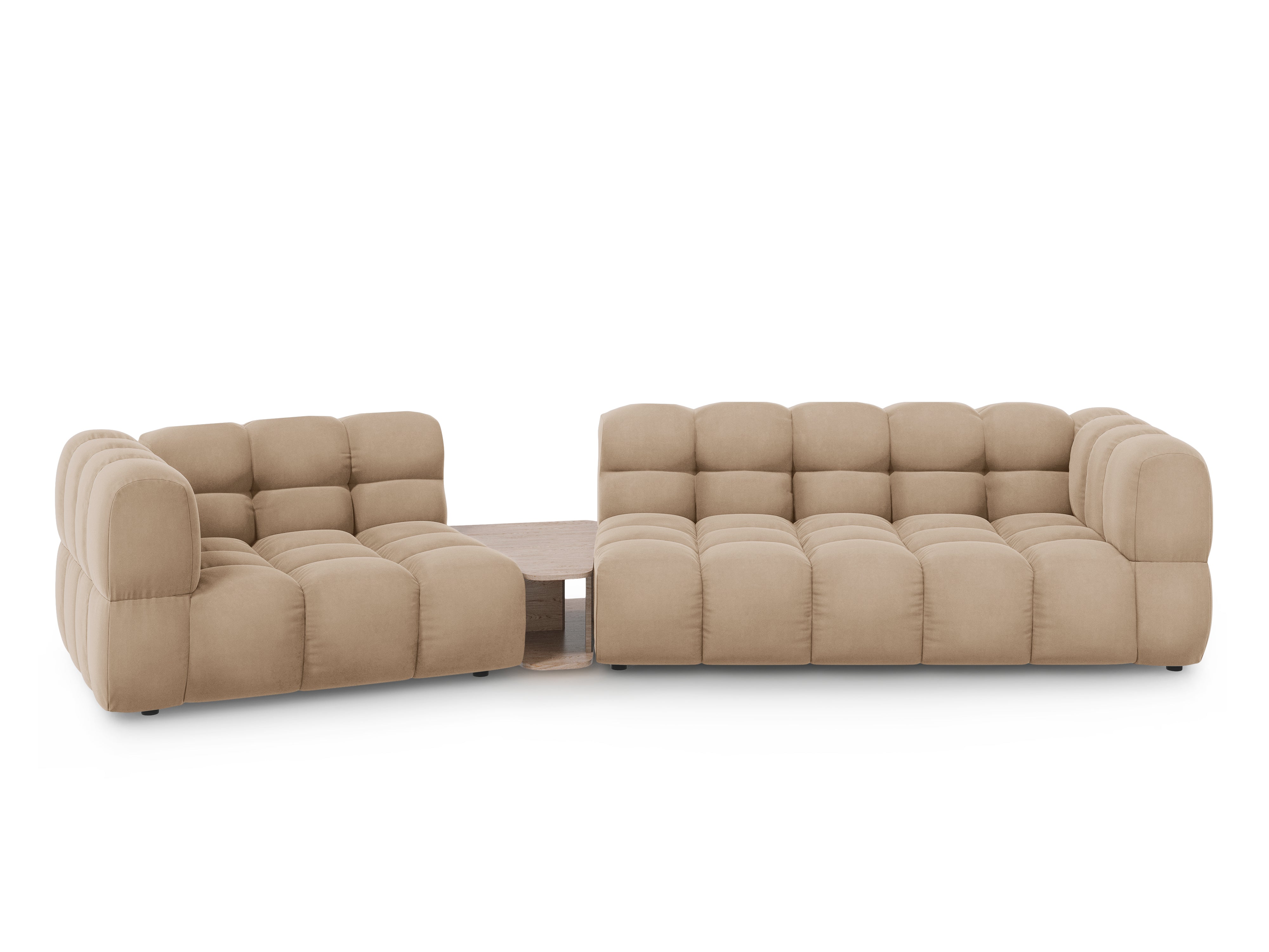 Sofa aksamitna lewostronna 3-osobowa zaokrąglona ze stolikiem SKY piaskowy Cosmopolitan Design Eye on Design
