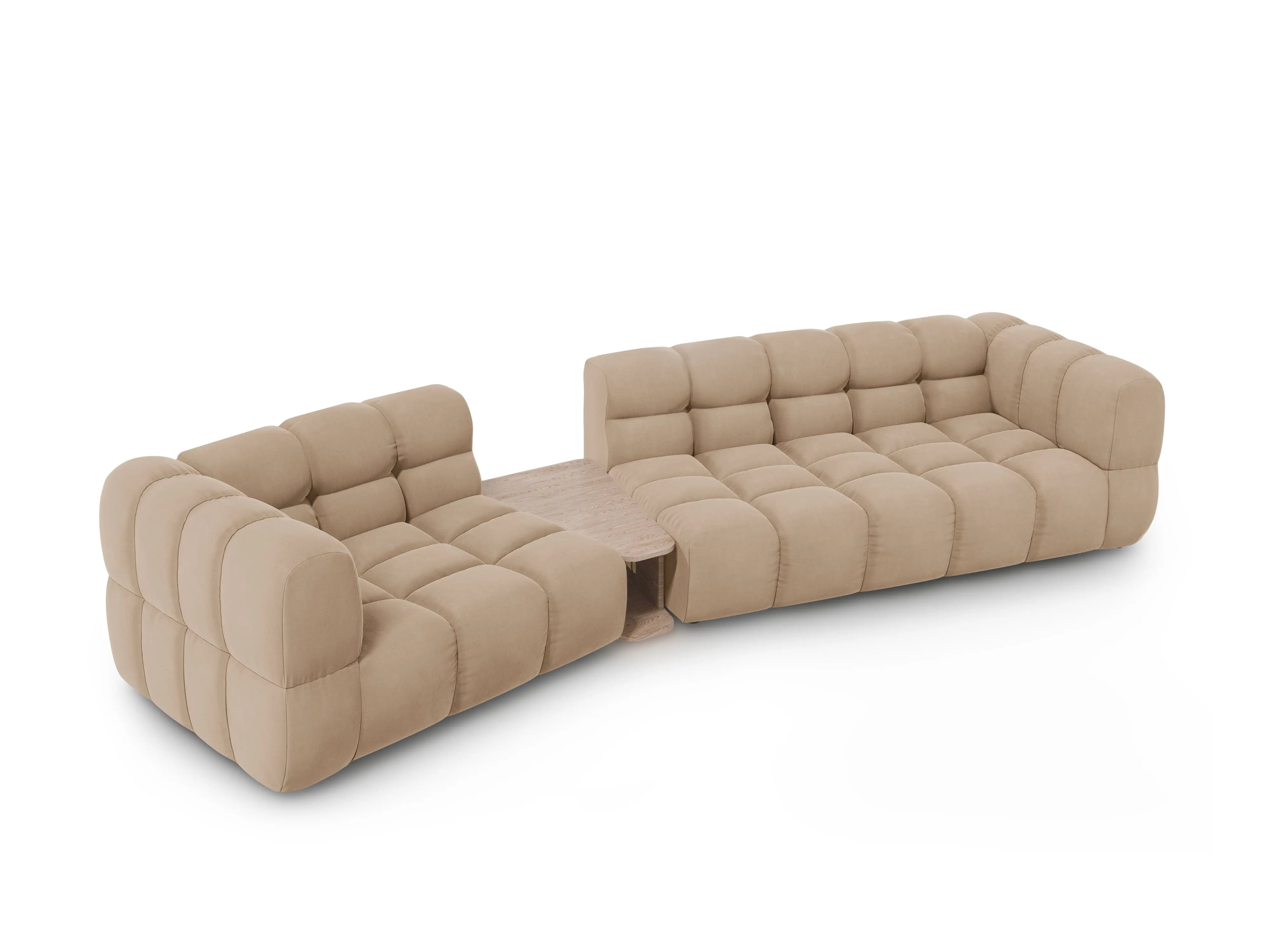Sofa aksamitna lewostronna 3-osobowa zaokrąglona ze stolikiem SKY piaskowy – Cosmopolitan Design