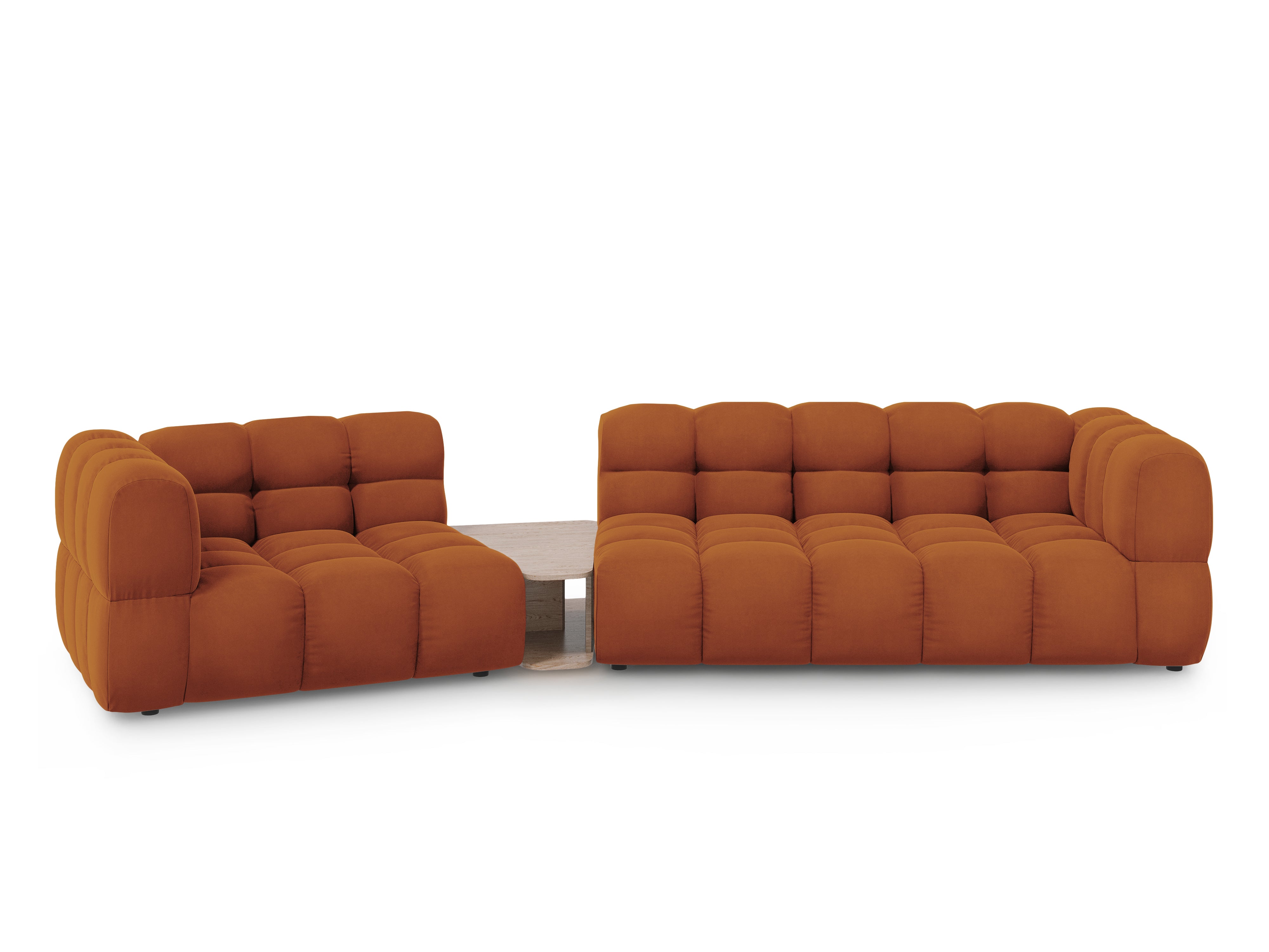 Sofa aksamitna lewostronna 3-osobowa zaokrąglona ze stolikiem SKY terracotta Cosmopolitan Design Eye on Design