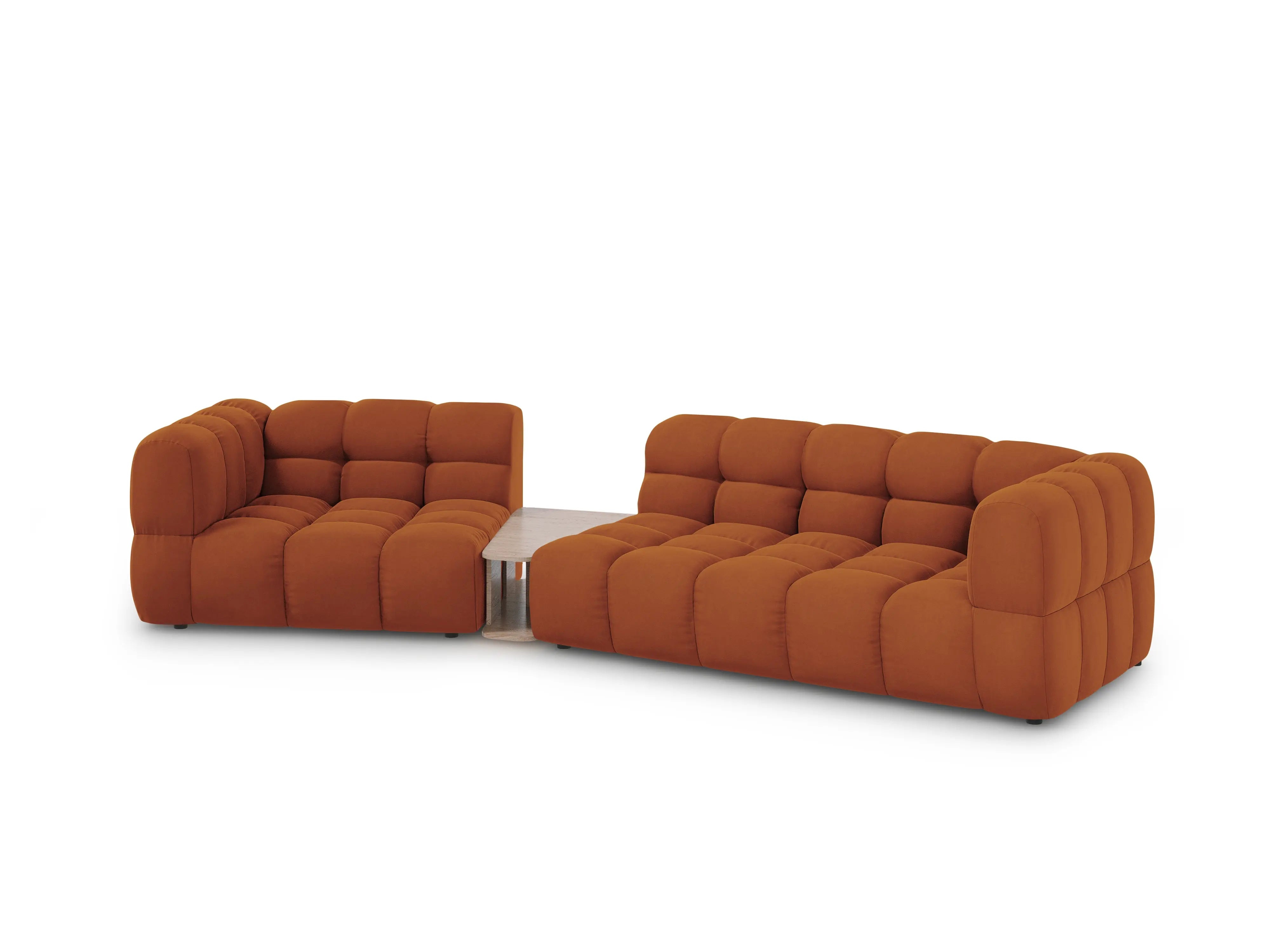Sofa aksamitna lewostronna 3-osobowa zaokrąglona ze stolikiem SKY terracotta – Cosmopolitan Design