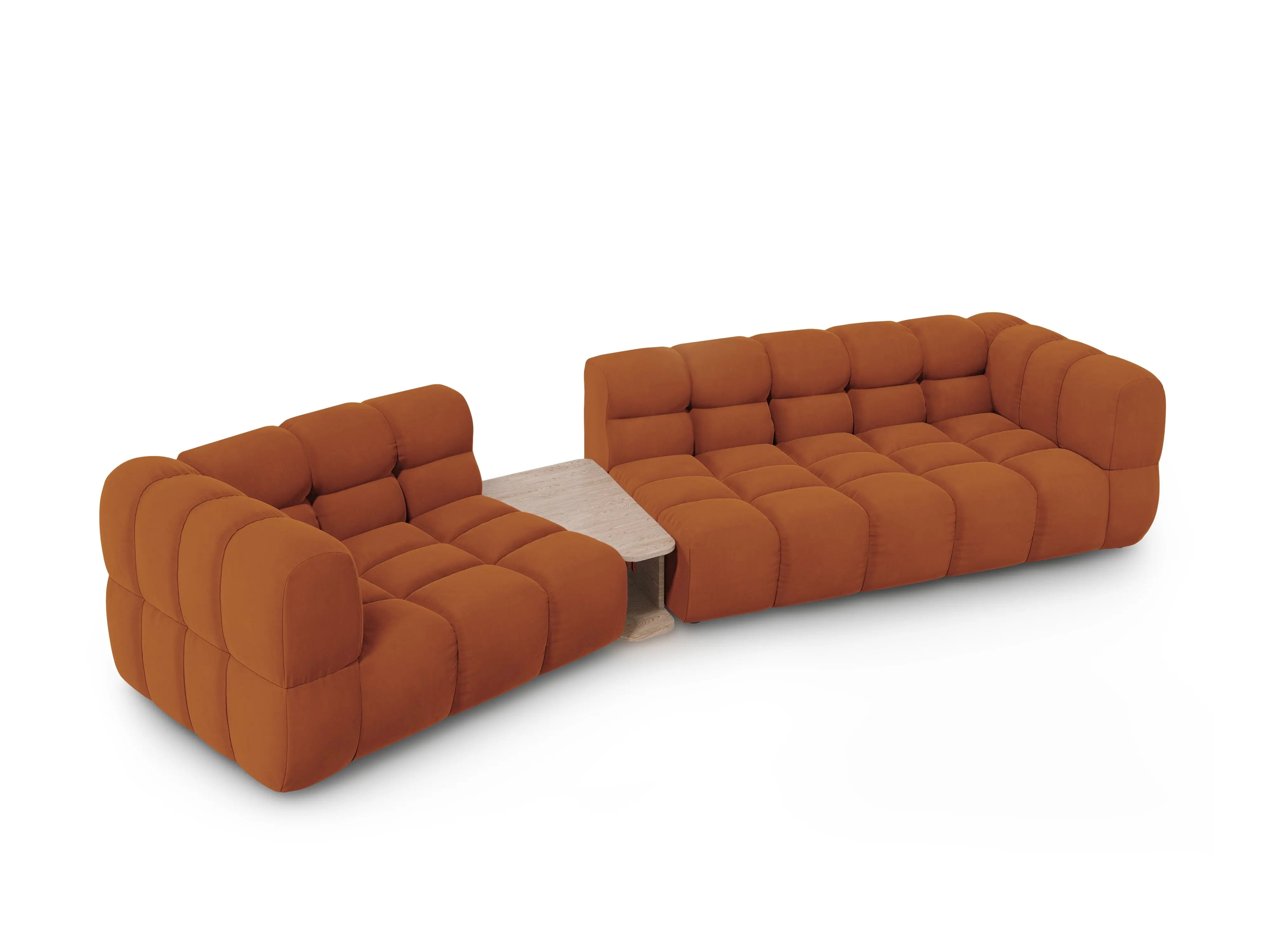 Sofa aksamitna lewostronna 3-osobowa zaokrąglona ze stolikiem SKY terracotta – Cosmopolitan Design