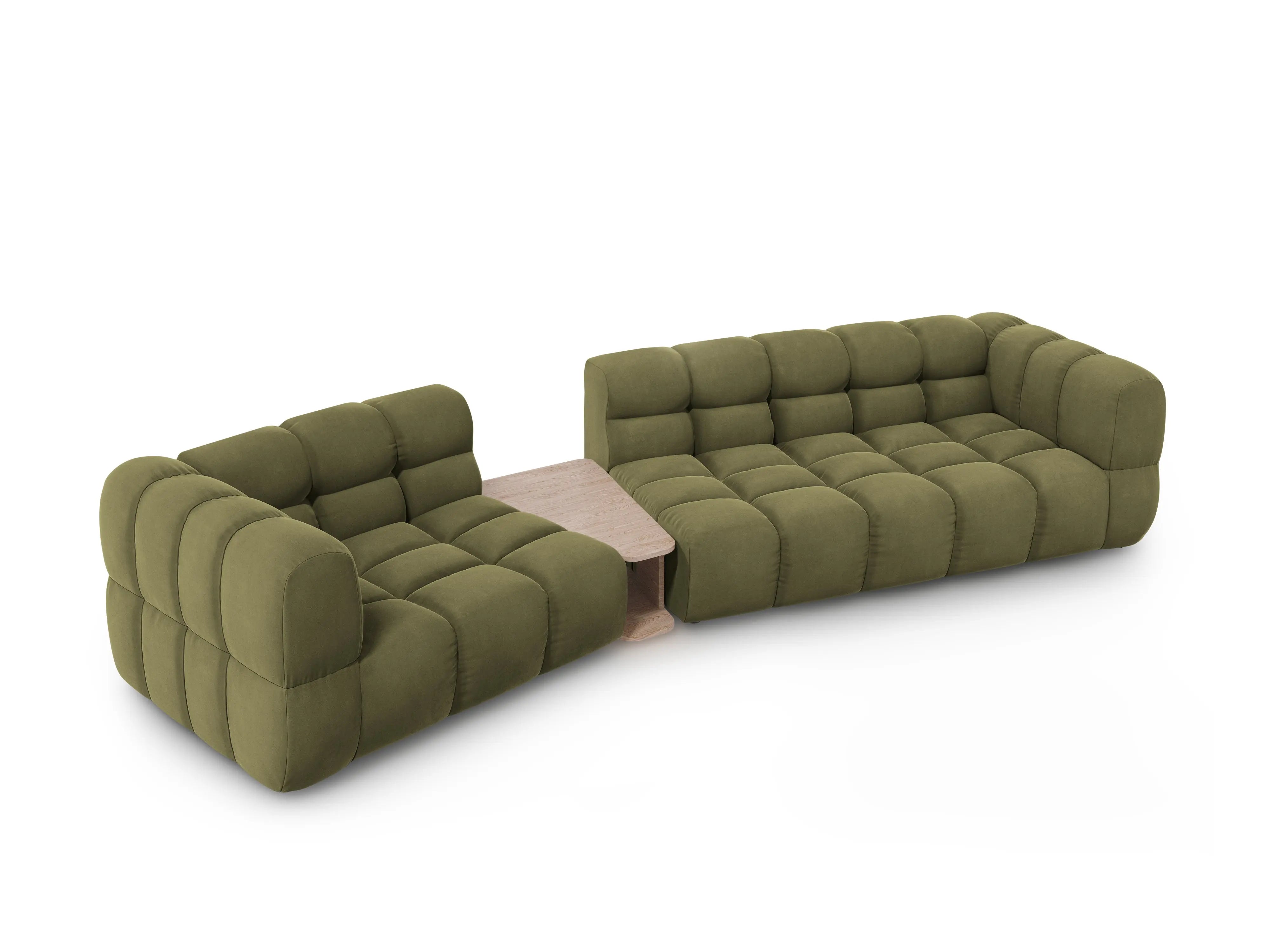 Sofa aksamitna lewostronna 3-osobowa zaokrąglona ze stolikiem SKY jasnozielony – Cosmopolitan Design