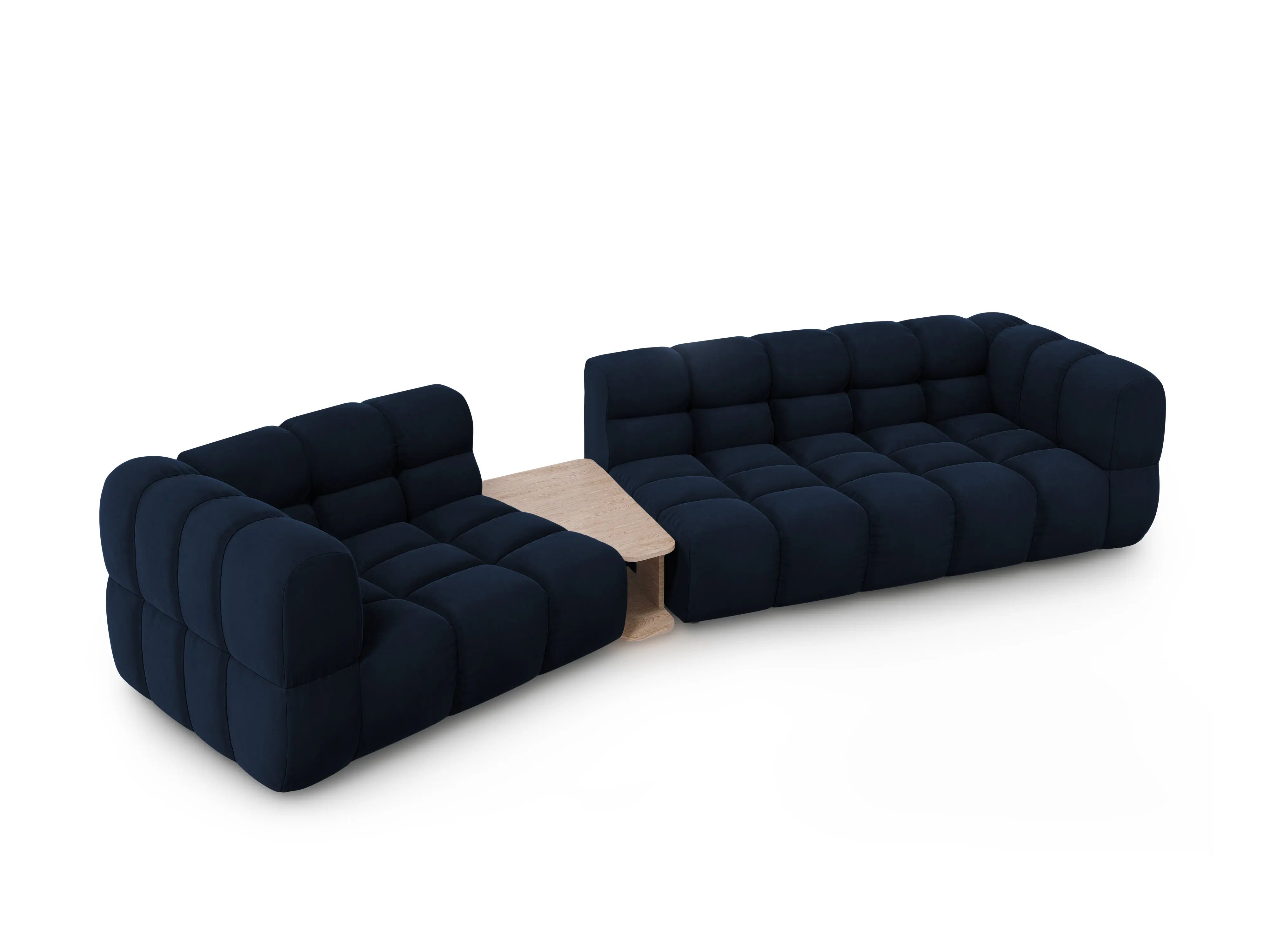 Sofa aksamitna lewostronna 3-osobowa zaokrąglona ze stolikiem SKY granat królewski – Cosmopolitan Design