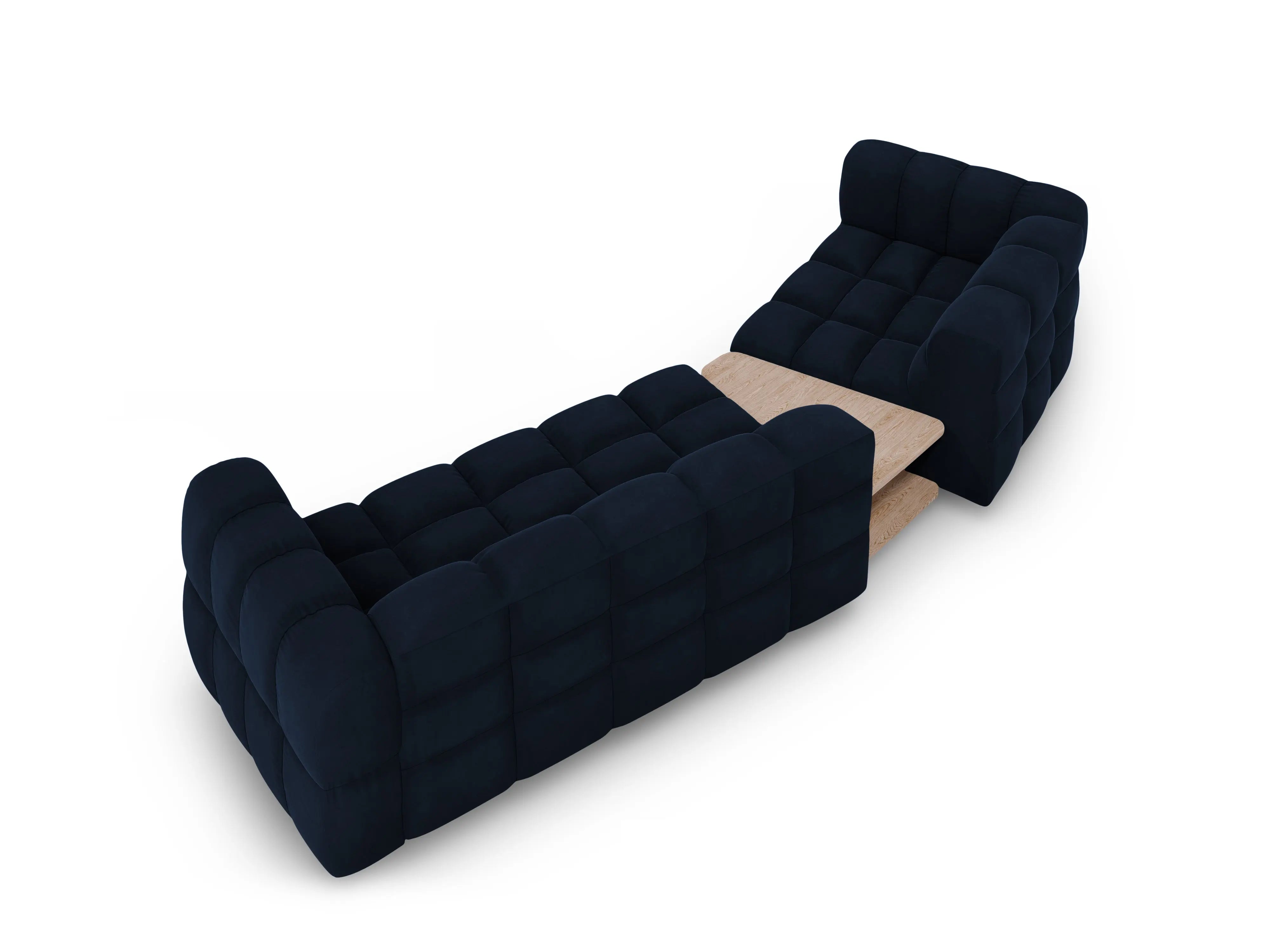 Sofa aksamitna lewostronna 3-osobowa zaokrąglona ze stolikiem SKY granat królewski – Cosmopolitan Design