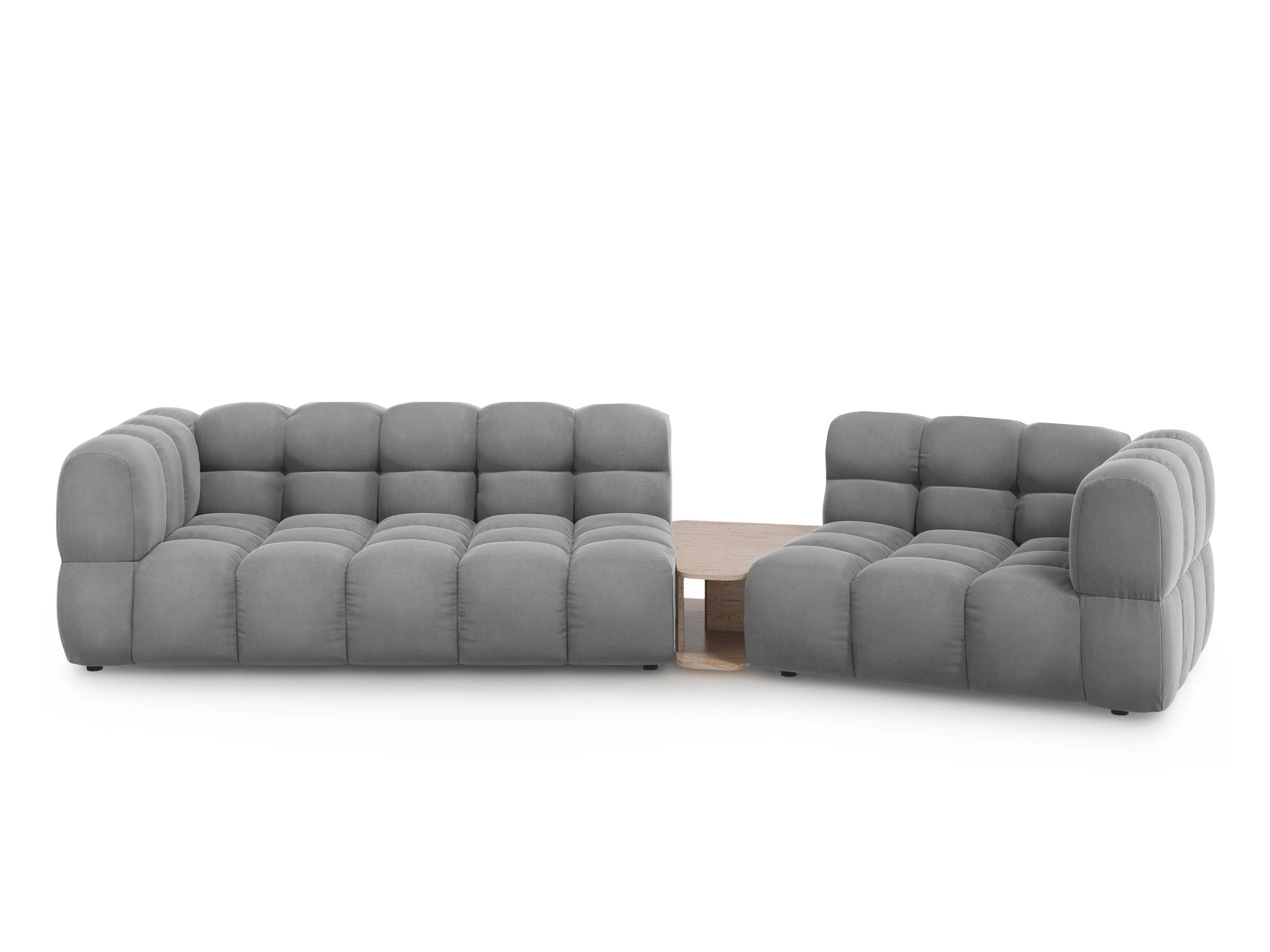 Sofa aksamitna prawostronna 3-osobowa zaokrąglona ze stolikiem SKY jasnoszary – Cosmopolitan Design