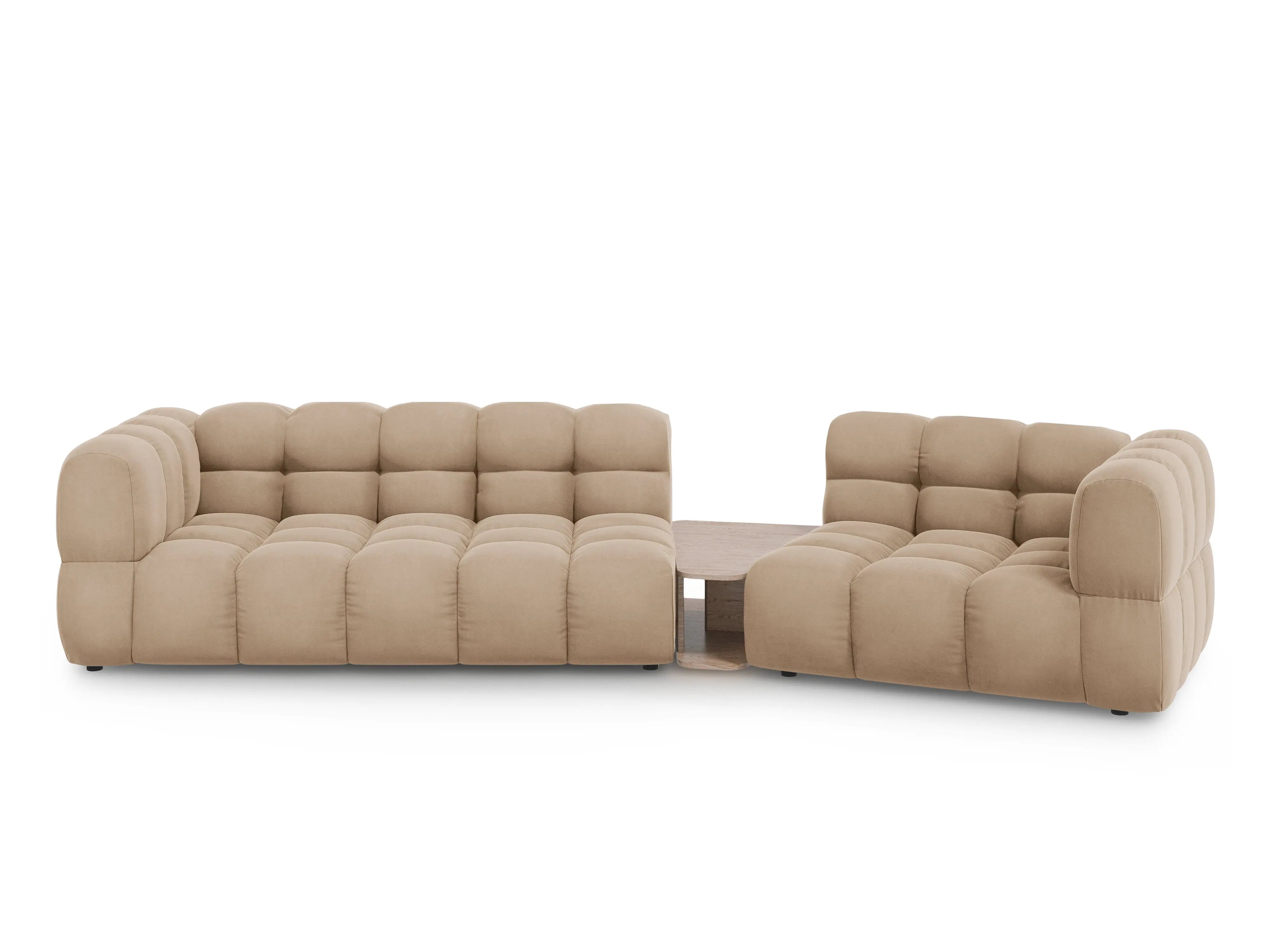 Sofa aksamitna prawostronna 3-osobowa zaokrąglona ze stolikiem SKY piaskowy – Cosmopolitan Design