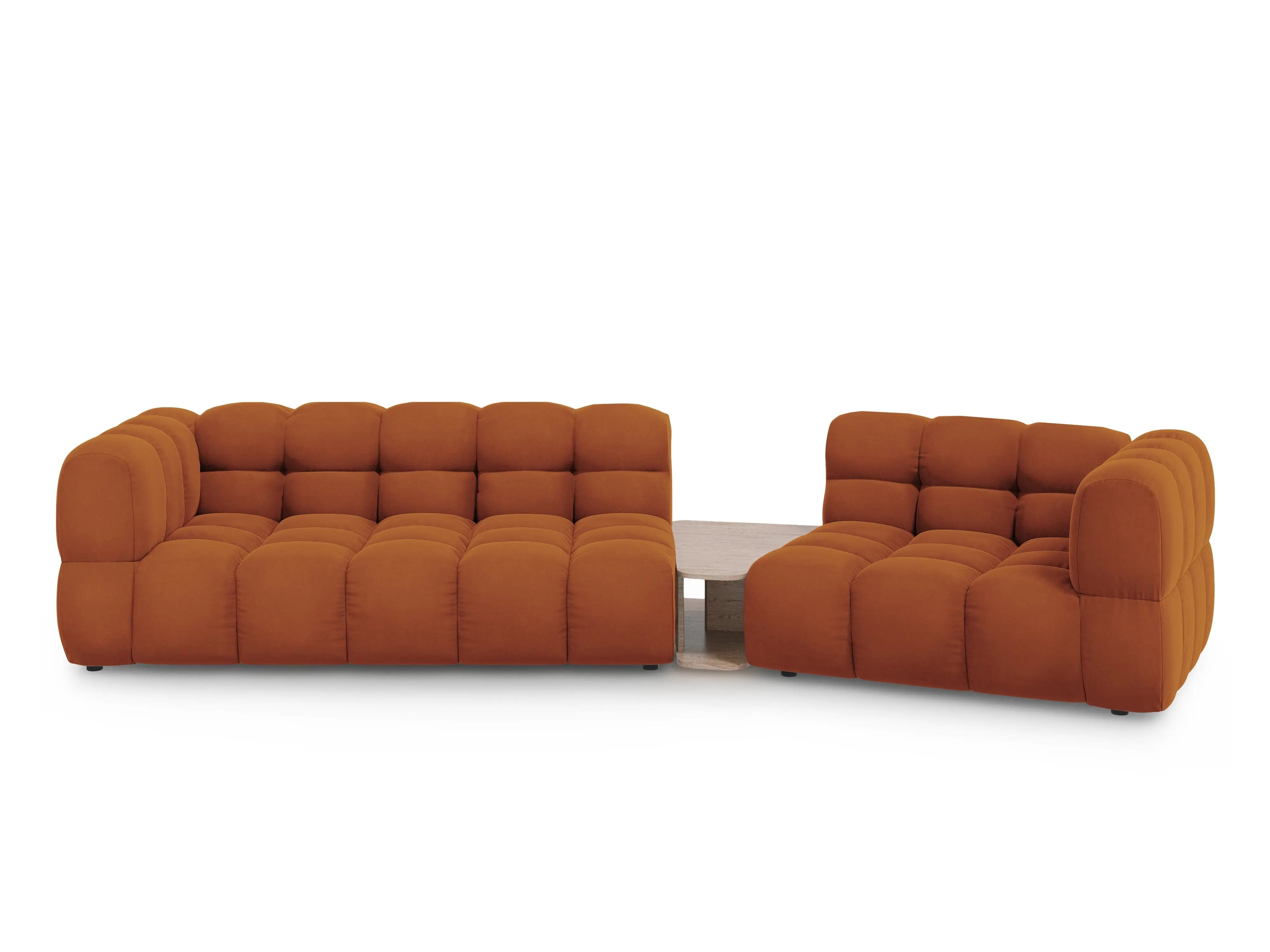 Sofa aksamitna prawostronna 3-osobowa zaokrąglona ze stolikiem SKY terracotta – Cosmopolitan Design