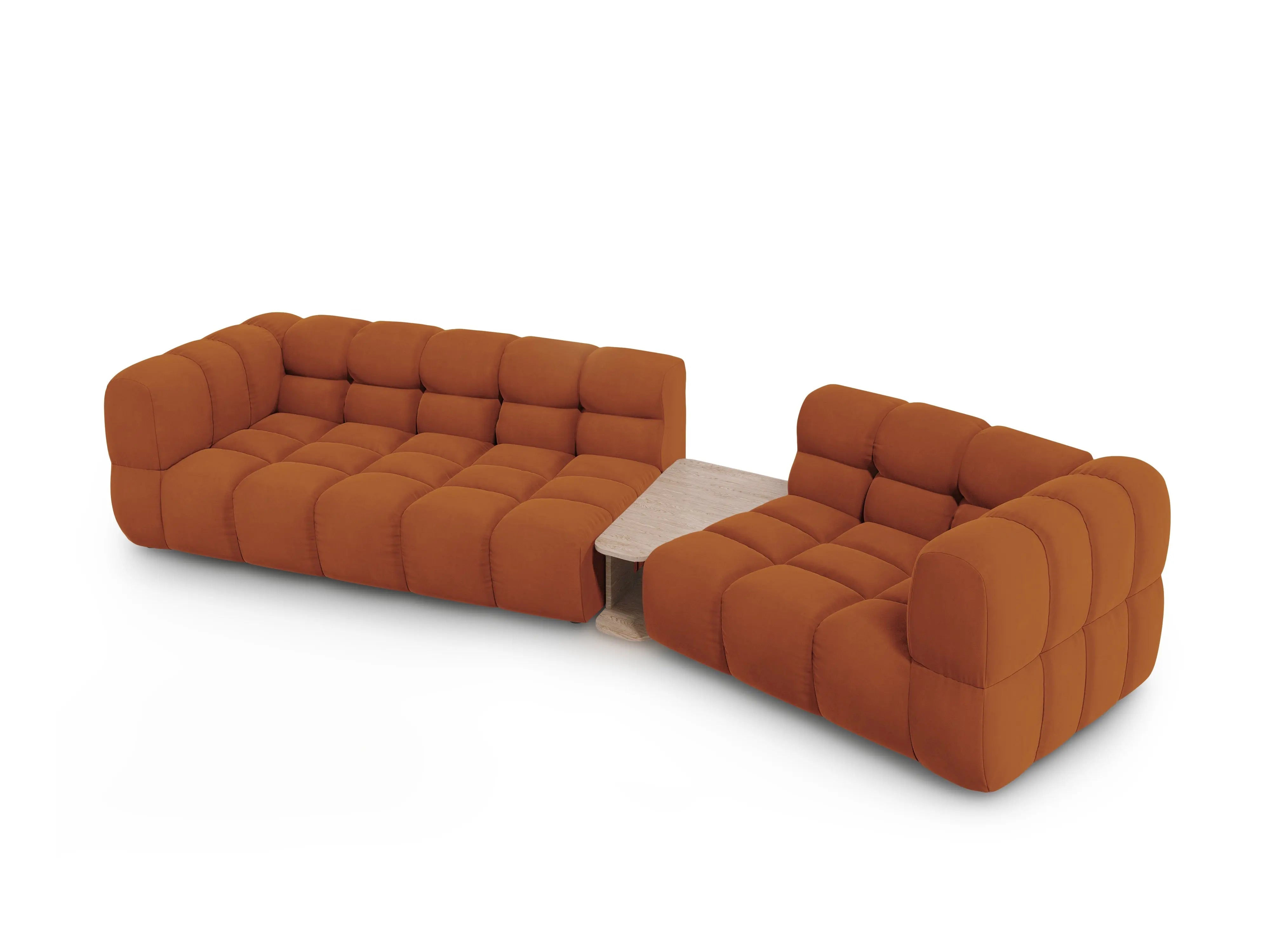 Sofa aksamitna prawostronna 3-osobowa zaokrąglona ze stolikiem SKY terracotta – Cosmopolitan Design