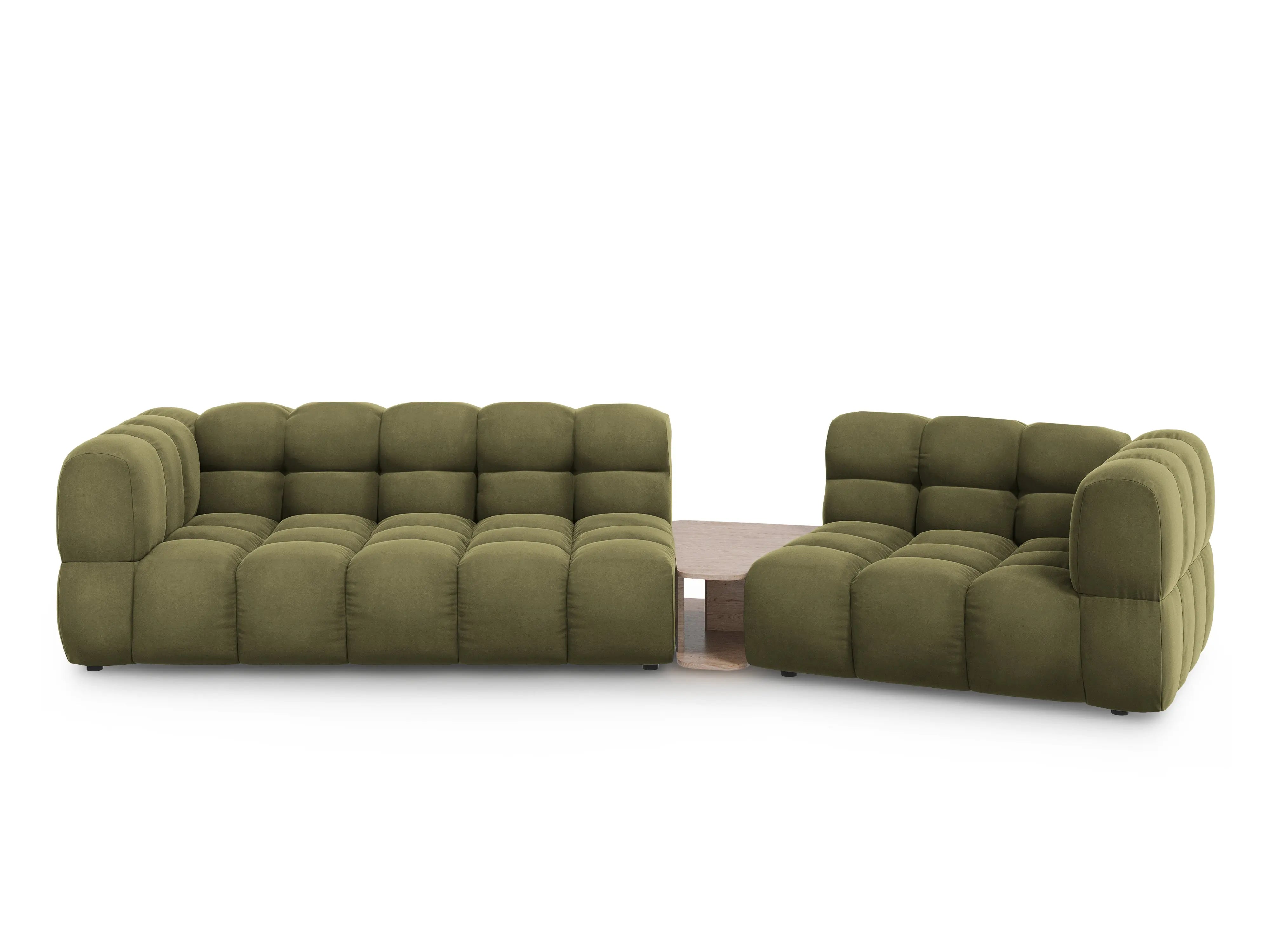 Sofa aksamitna prawostronna 3-osobowa zaokrąglona ze stolikiem SKY jasnozielony – Cosmopolitan Design