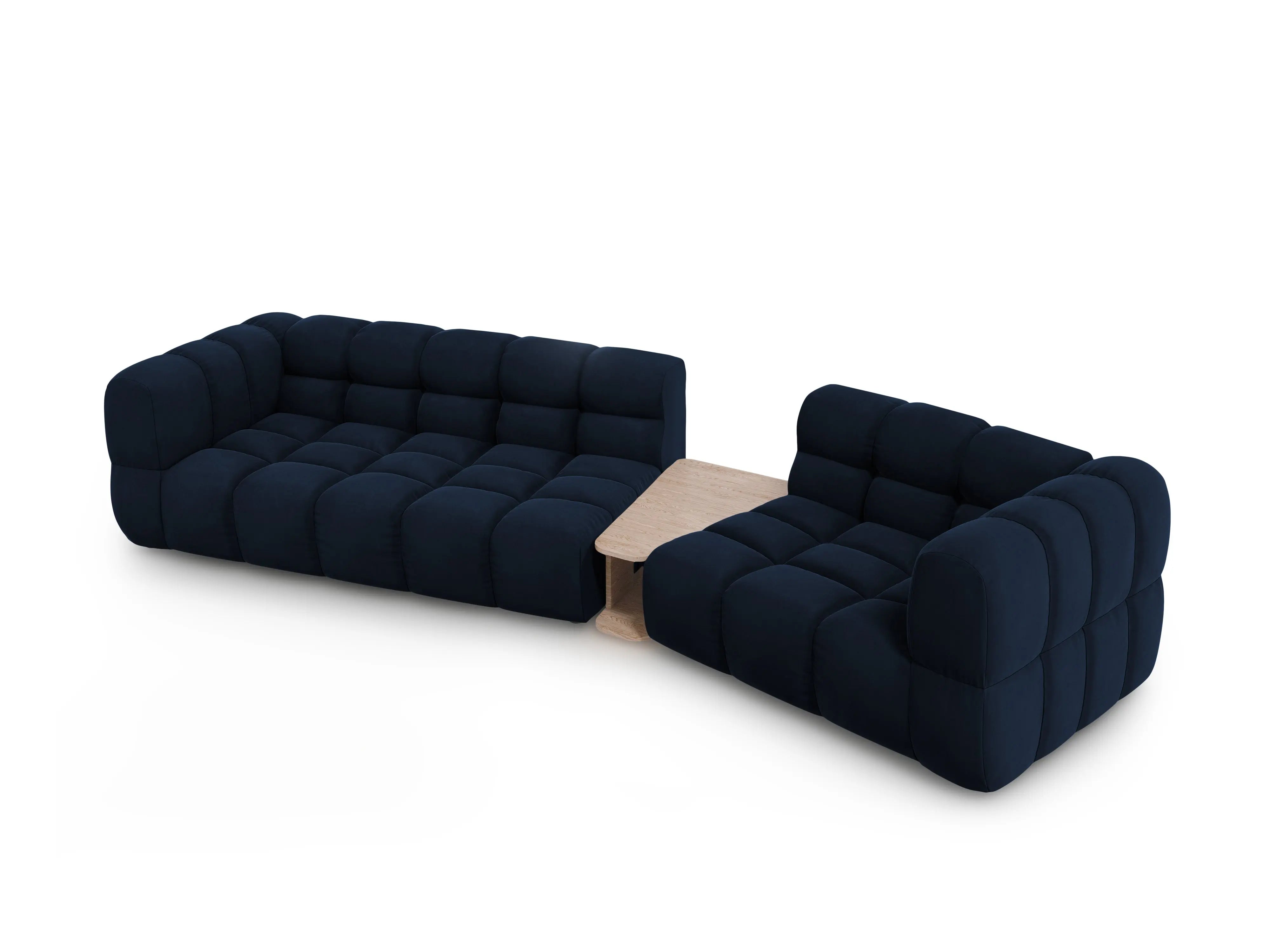 Sofa aksamitna prawostronna 3-osobowa zaokrąglona ze stolikiem SKY granat królewski – Cosmopolitan Design