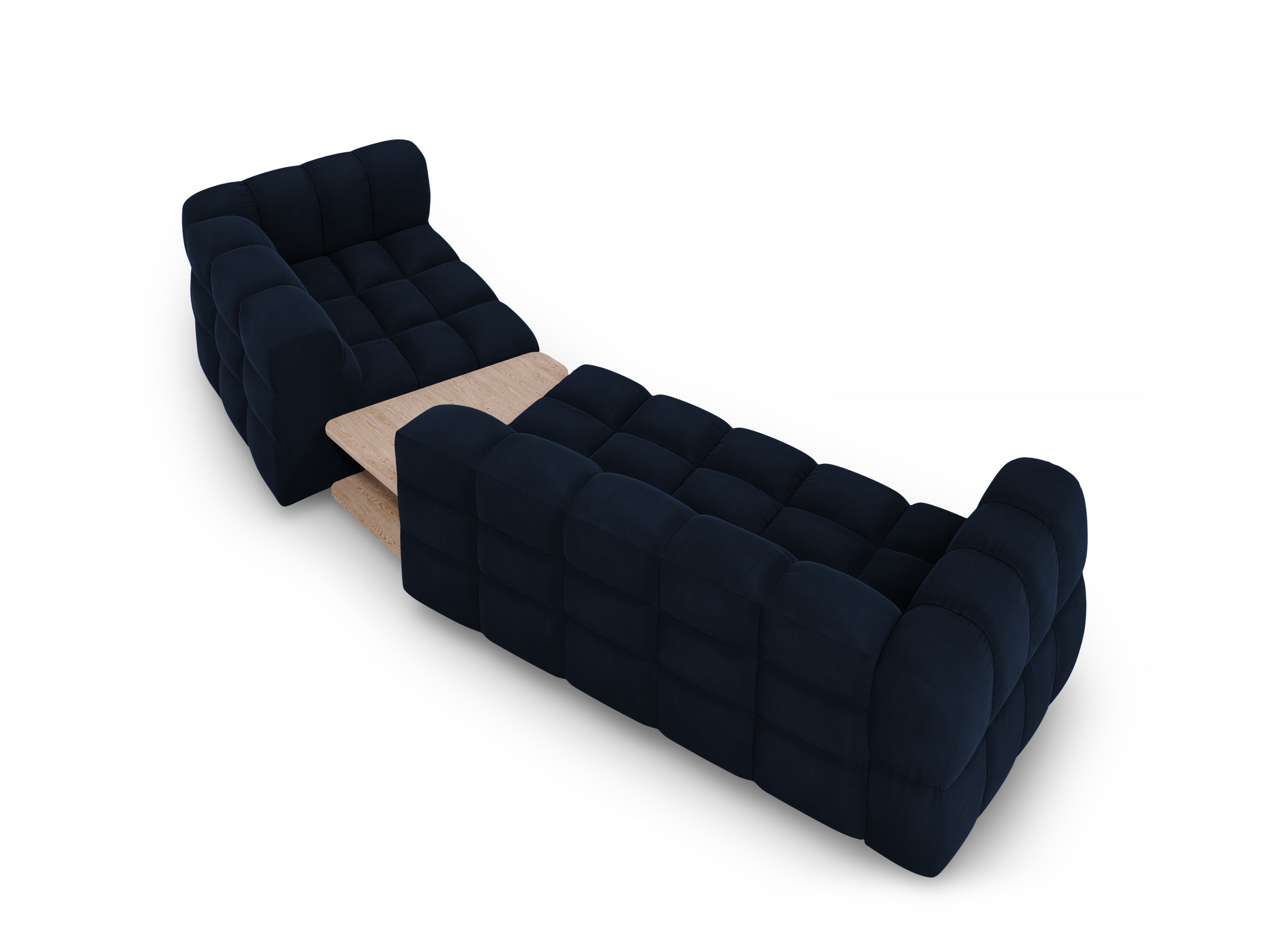 Sofa aksamitna prawostronna 3-osobowa zaokrąglona ze stolikiem SKY granat królewski Cosmopolitan Design Eye on Design