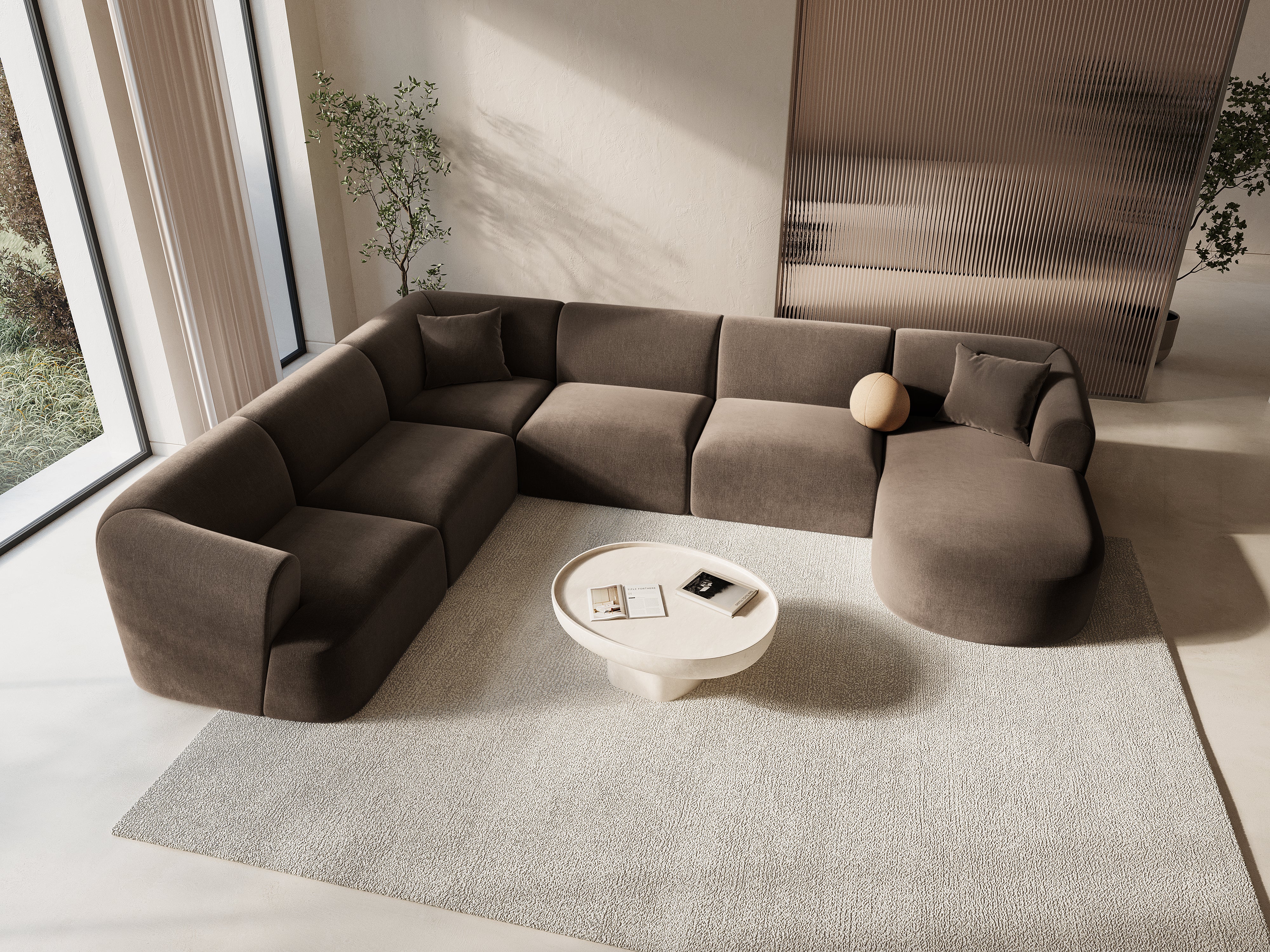Left-sided velvet panoramic corner sofa for 7 people CAMPI chocolate