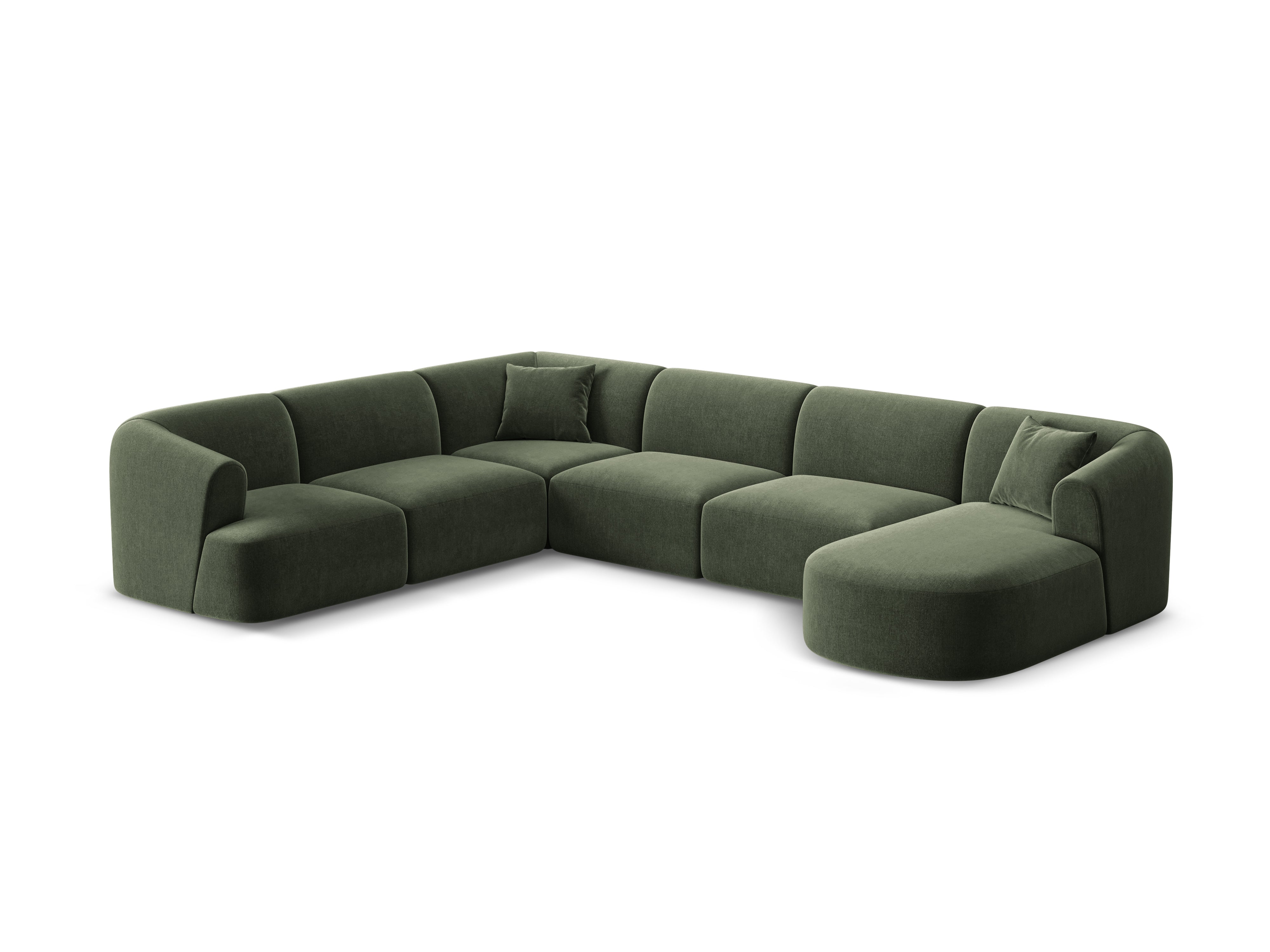 Linksseitiges, samtiges, panoramisches 7-Sitzer-Sofa CAMPI in Grün