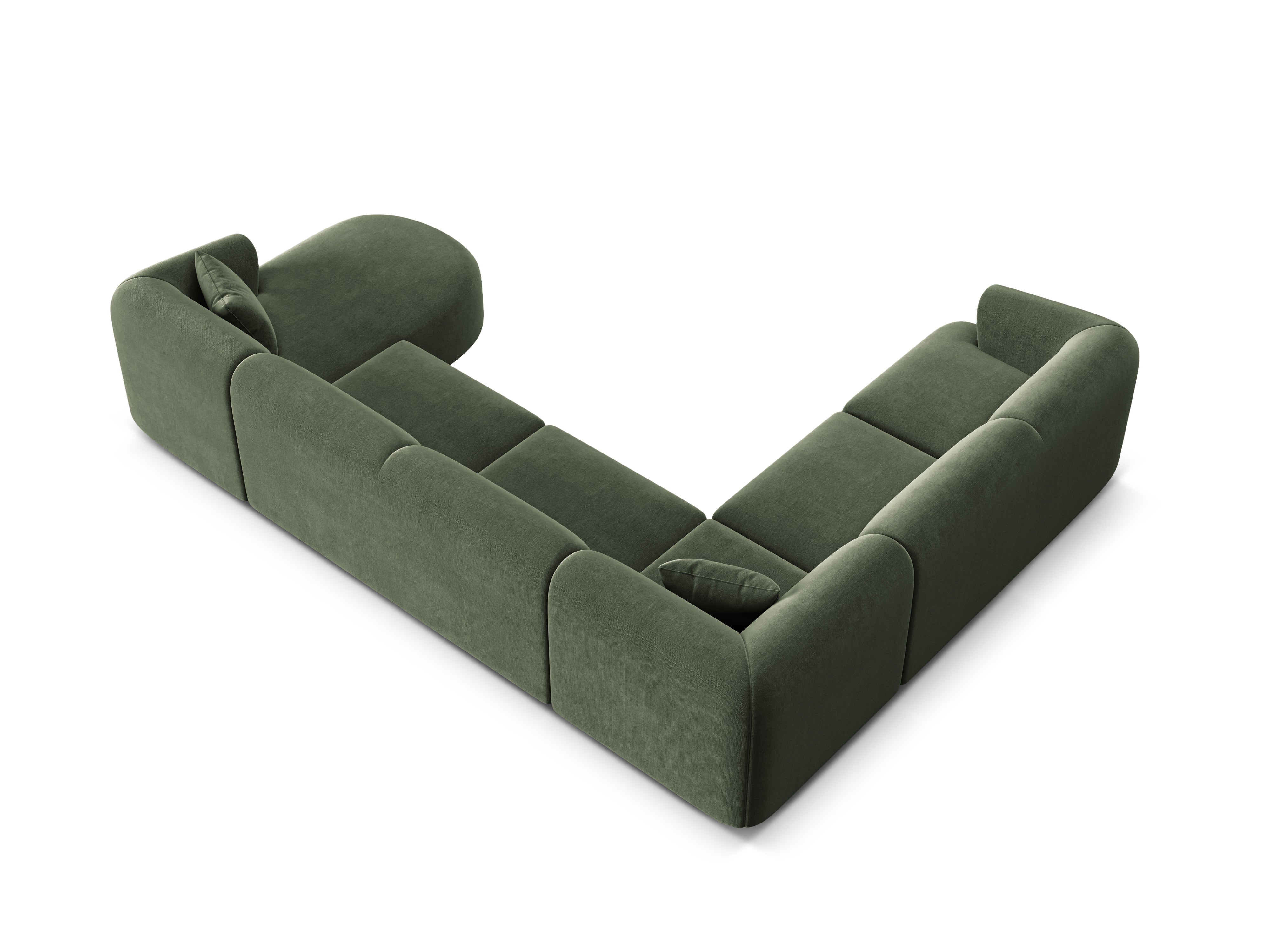 Linksseitiges, samtiges, panoramisches 7-Sitzer-Sofa CAMPI in Grün