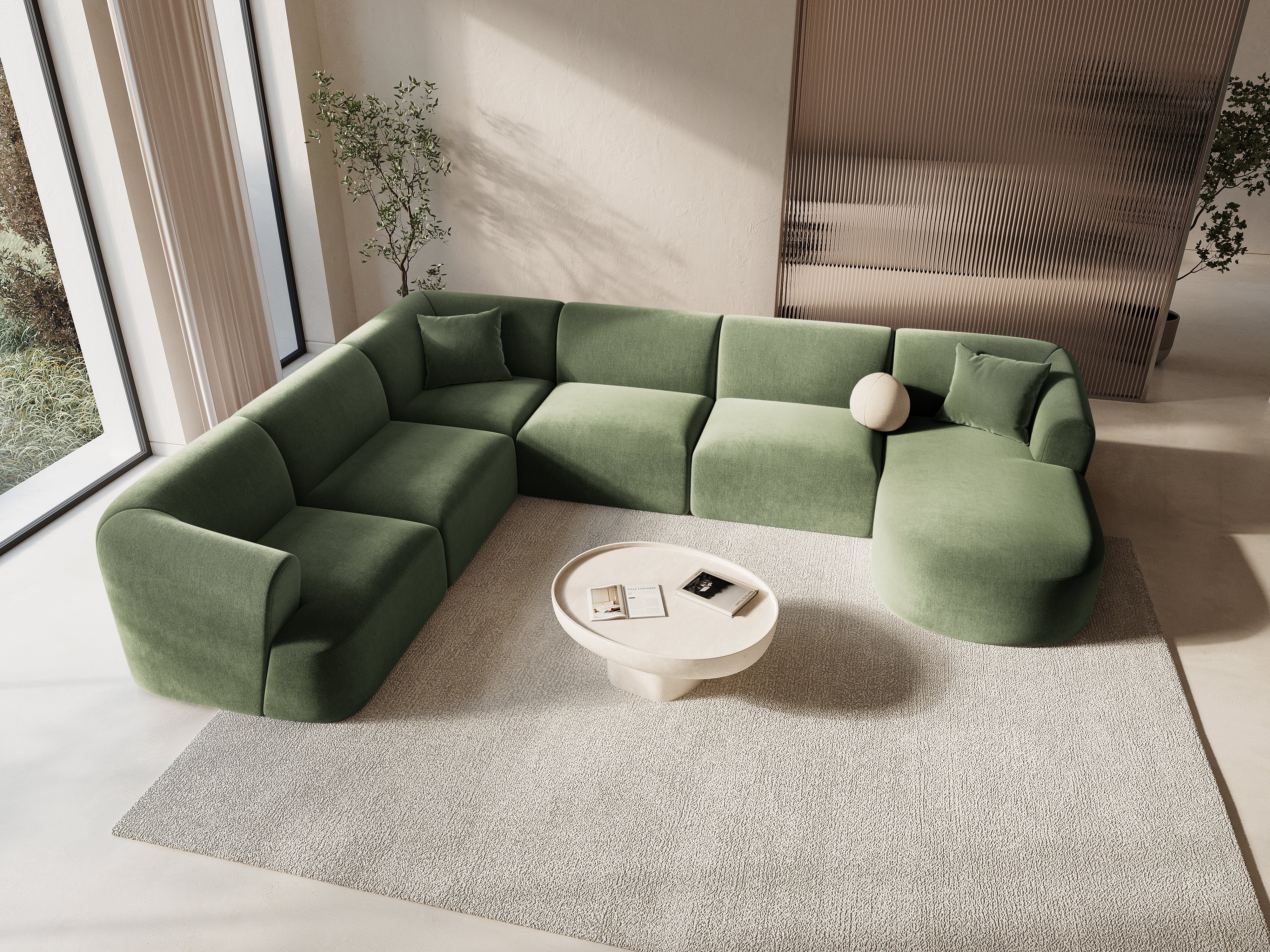 Linksseitiges, samtiges, panoramisches 7-Sitzer-Sofa CAMPI in Grün