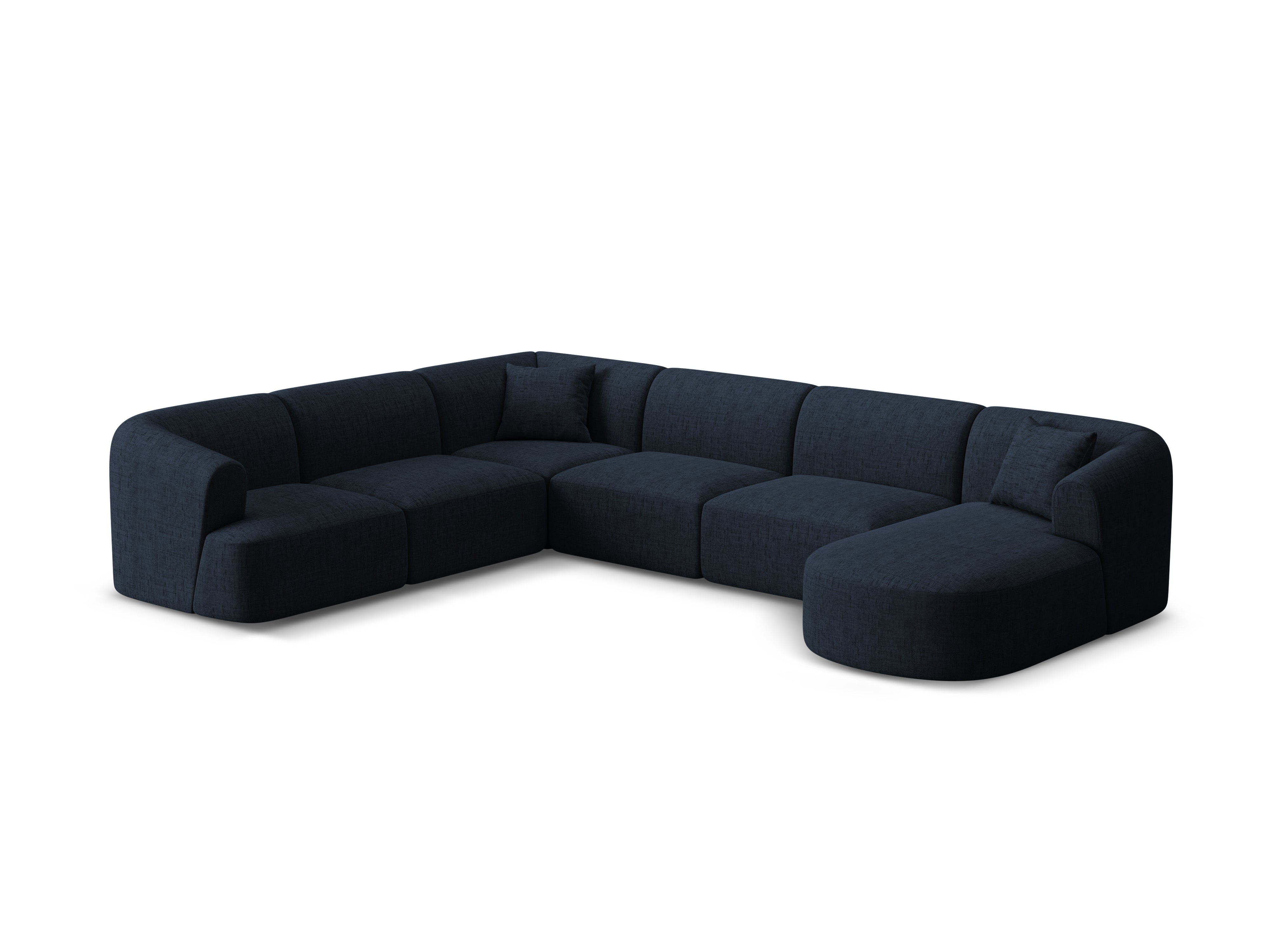 Panoramischer linksseitiger 7-sitziger Ecksofa CAMPI in blauer Chenille