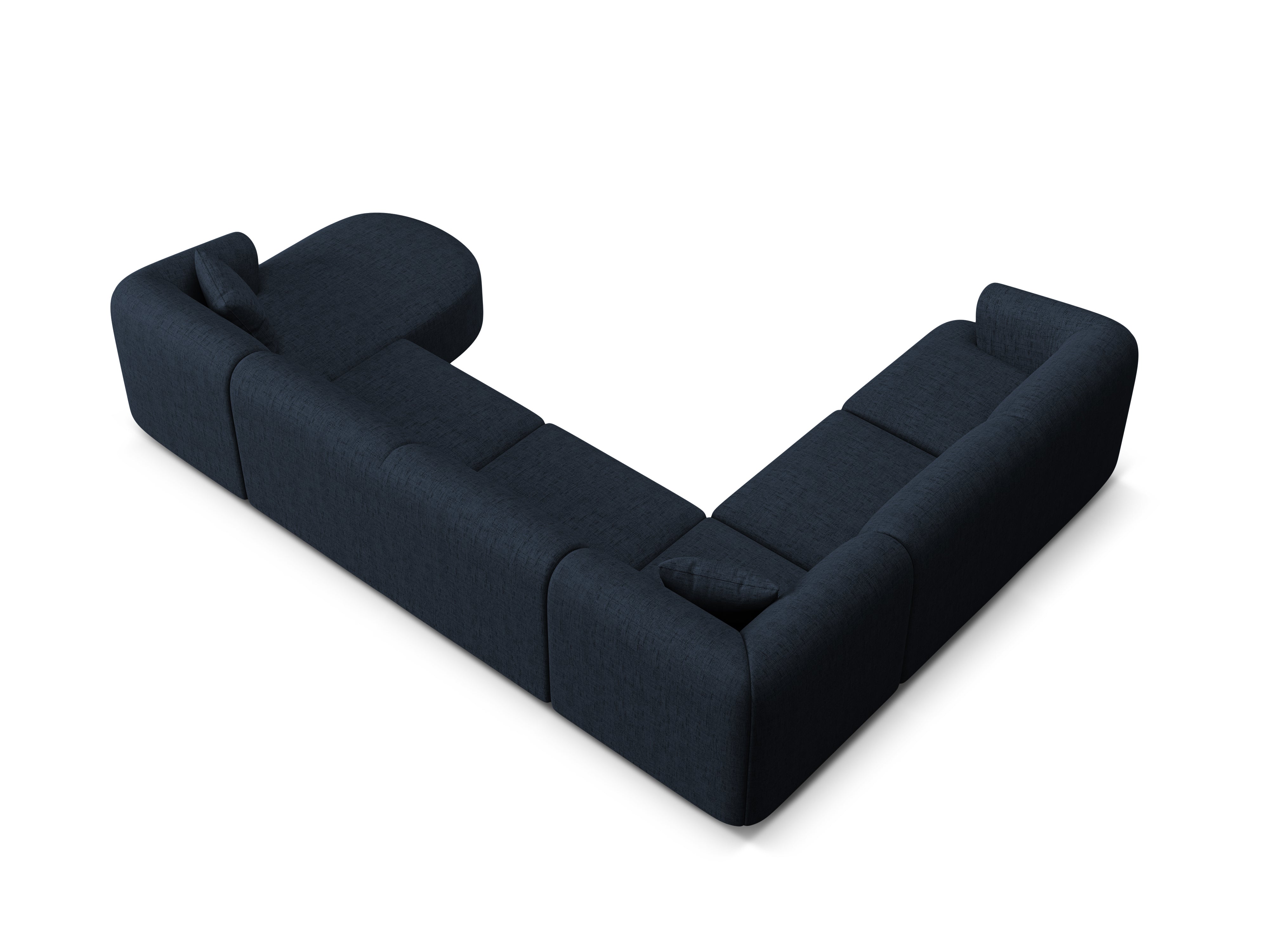 Panoramischer linksseitiger 7-sitziger Ecksofa CAMPI in blauer Chenille