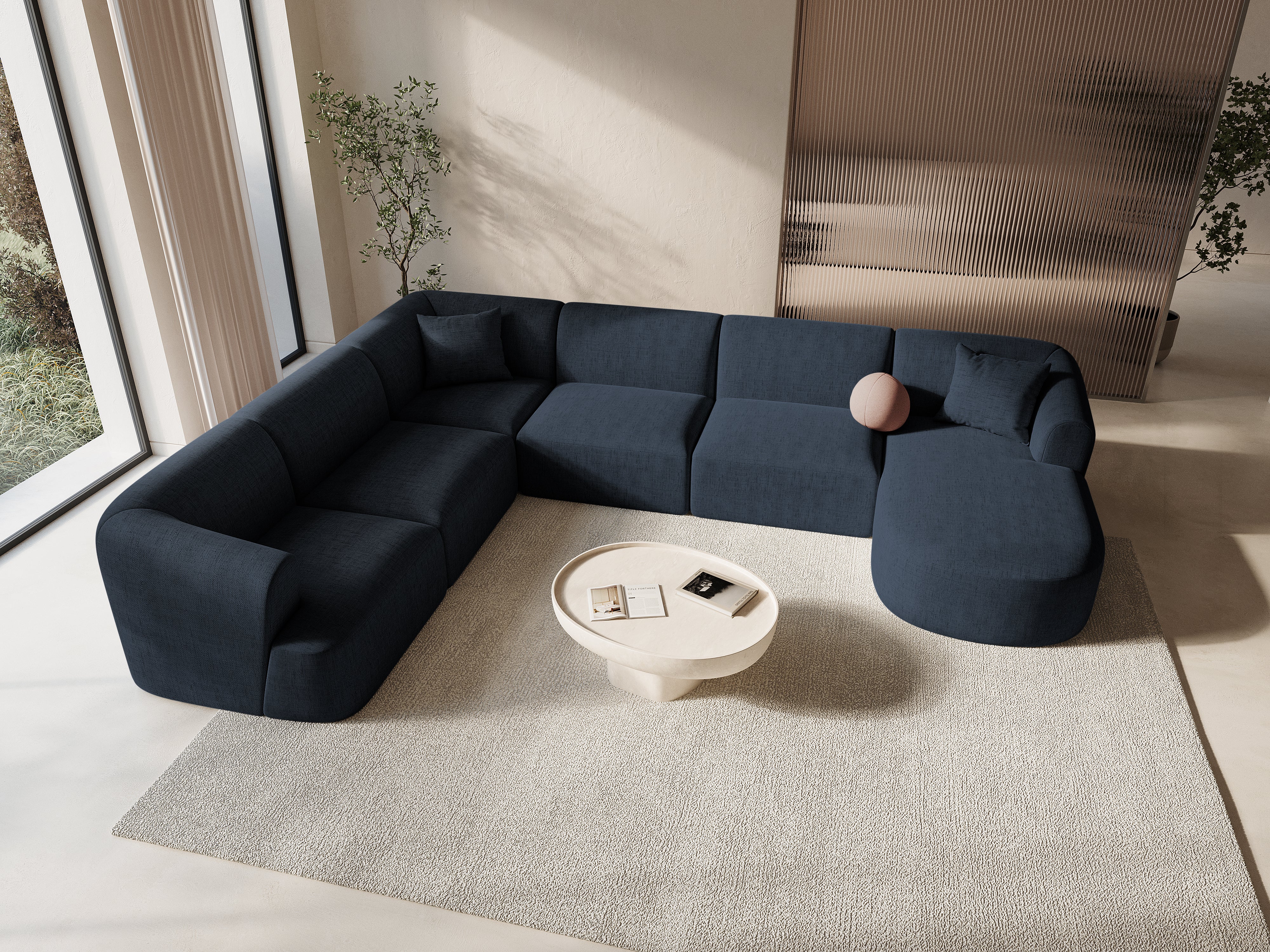 Panoramischer linksseitiger 7-sitziger Ecksofa CAMPI in blauer Chenille