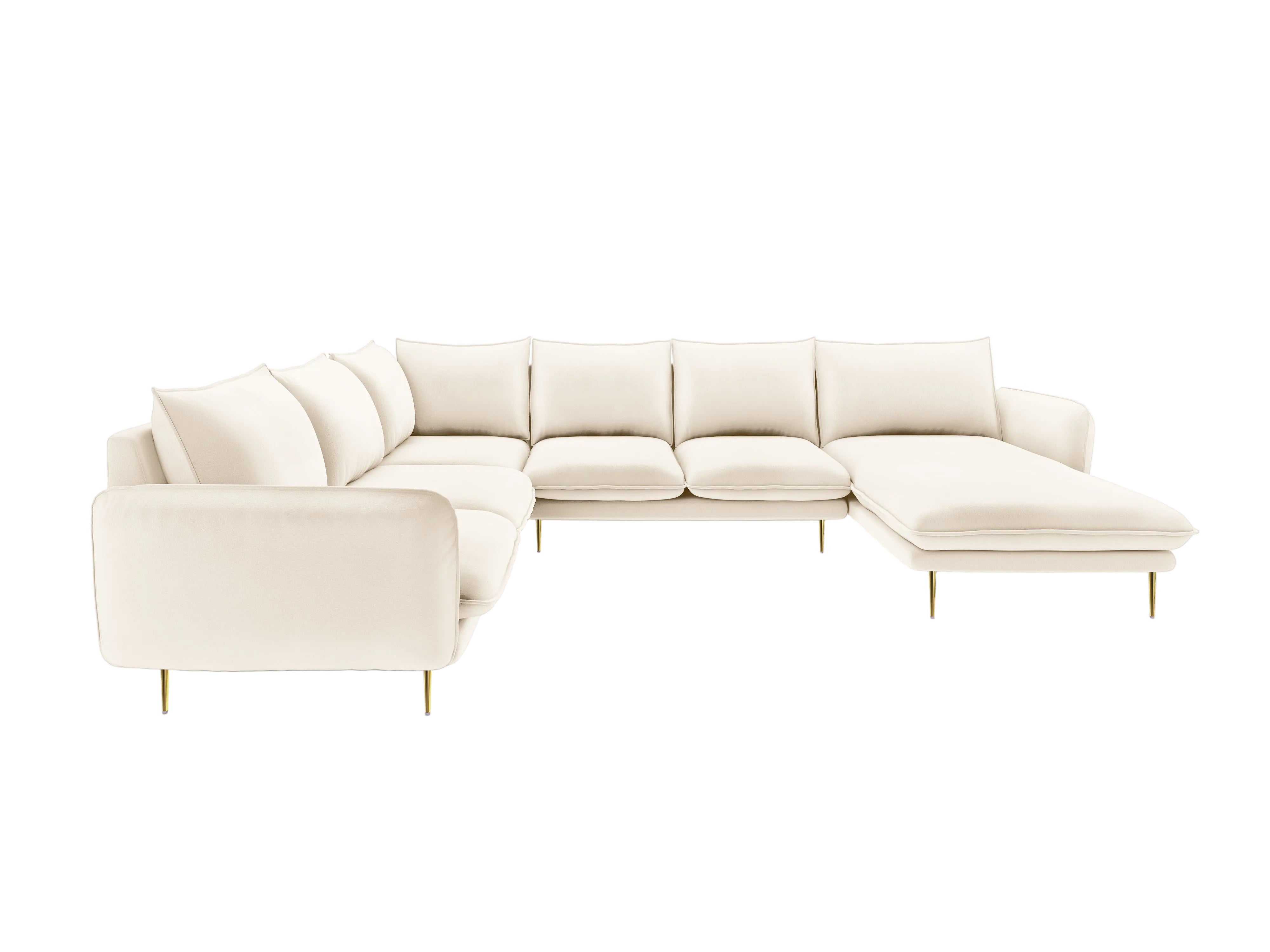 Panoramischer Samt-Ecksofa linksseitig für 7 Personen VIENNA hellbeige mit goldener Basis