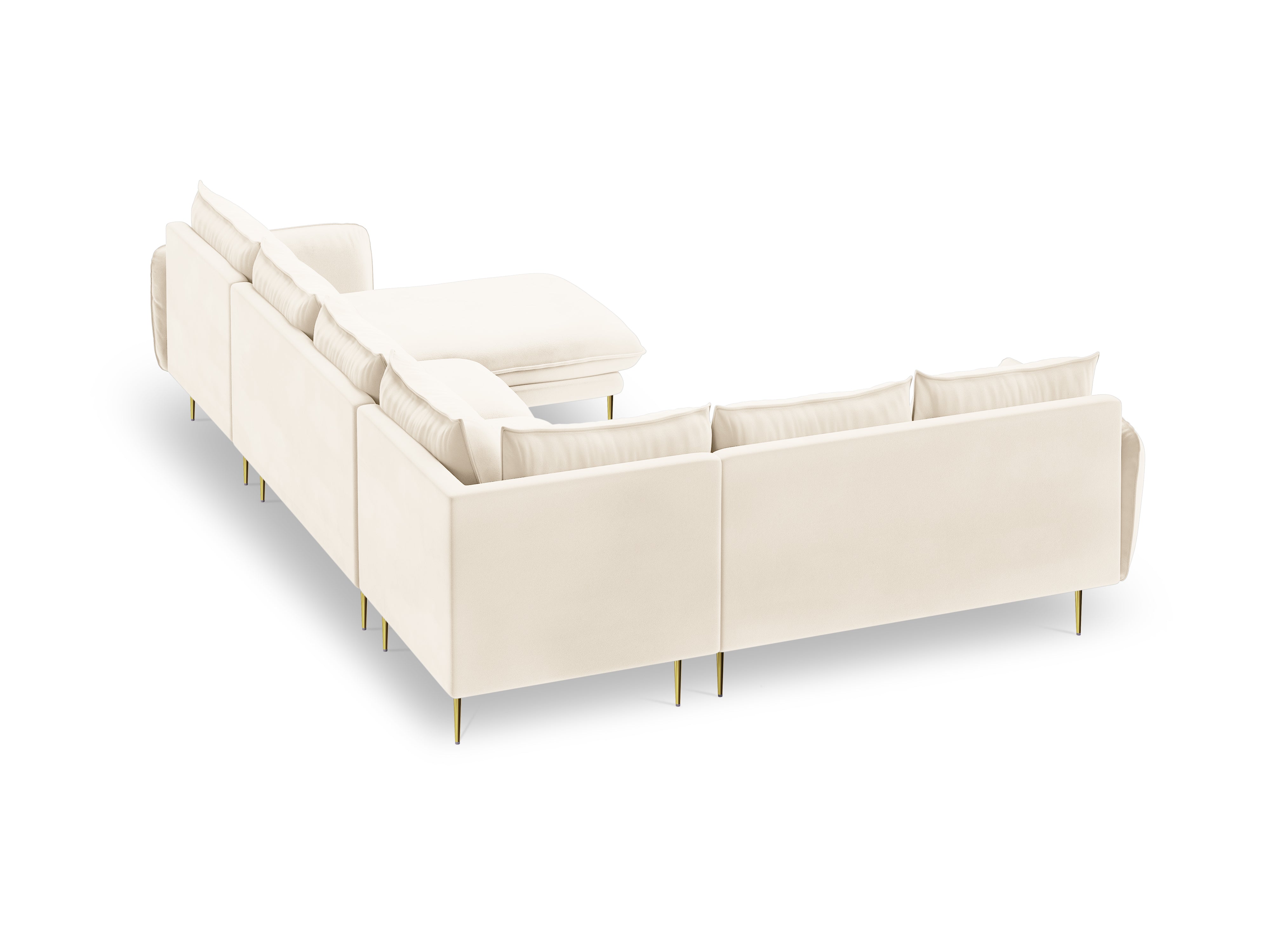 Panoramischer Samt-Ecksofa linksseitig für 7 Personen VIENNA hellbeige mit goldener Basis