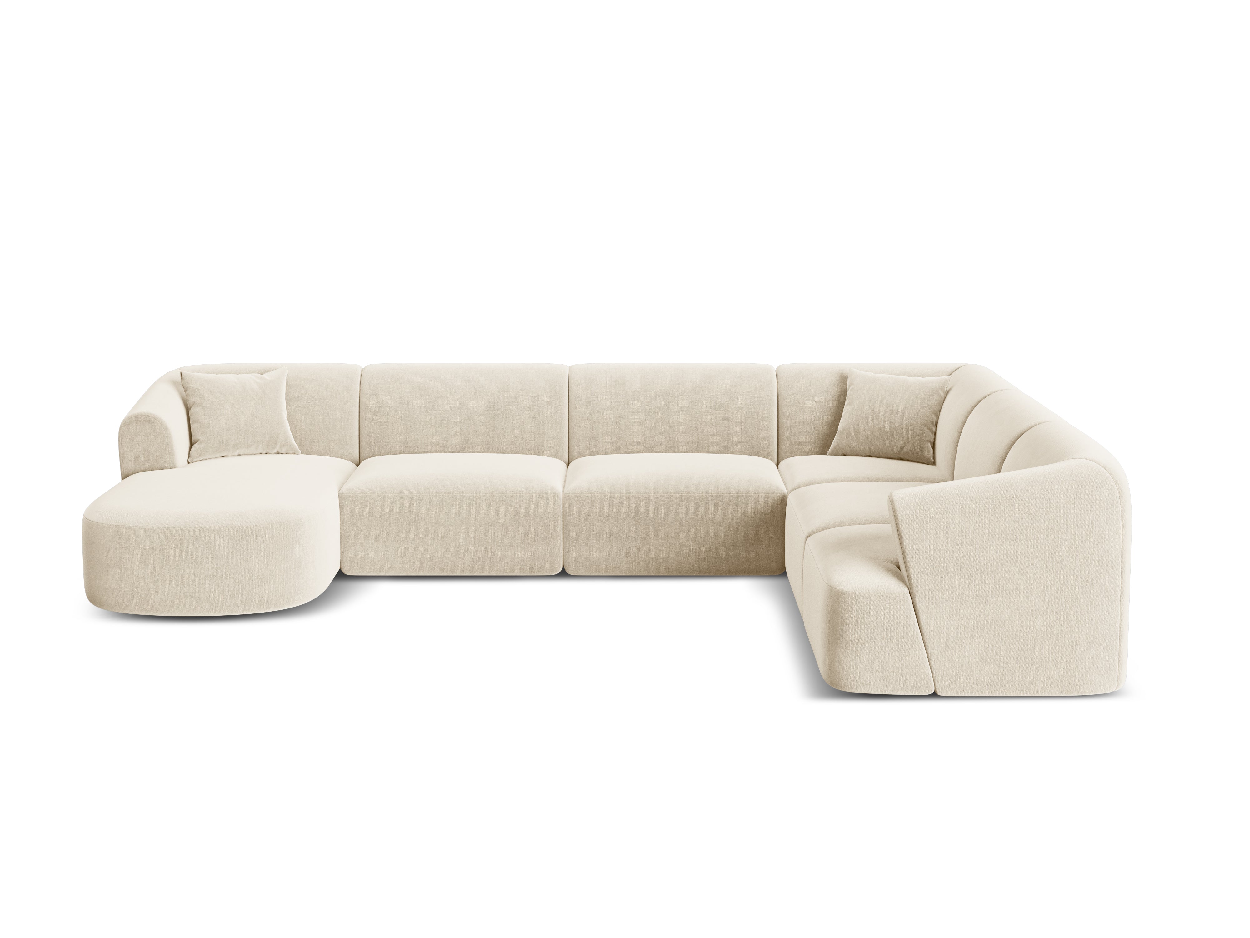 Rechtsseitiges, samtiges, panoramisches 7-sitziges Sofa CAMPI in hellbeige