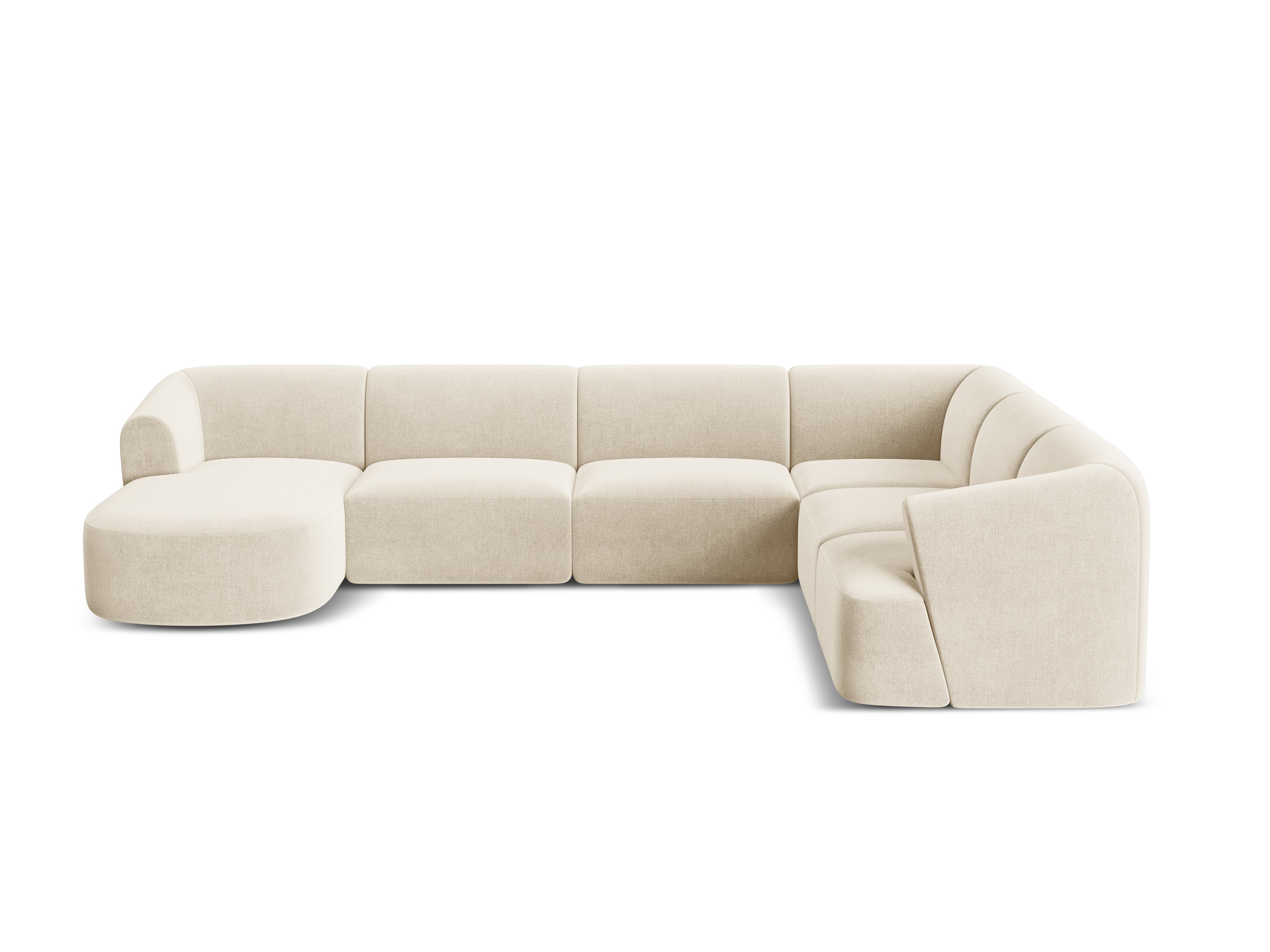 Rechtsseitiges, samtiges, panoramisches 7-sitziges Sofa CAMPI in hellbeige
