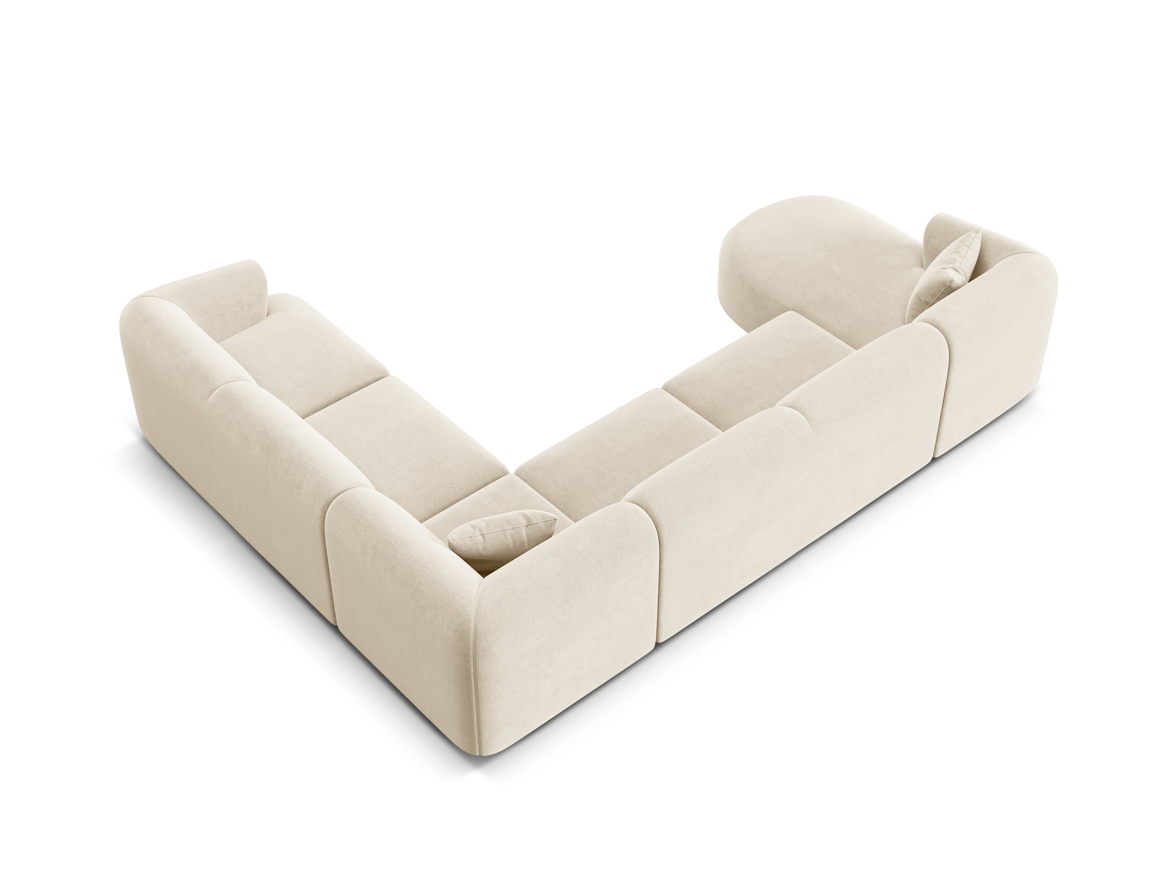 Rechtsseitiges, samtiges, panoramisches 7-sitziges Sofa CAMPI in hellbeige