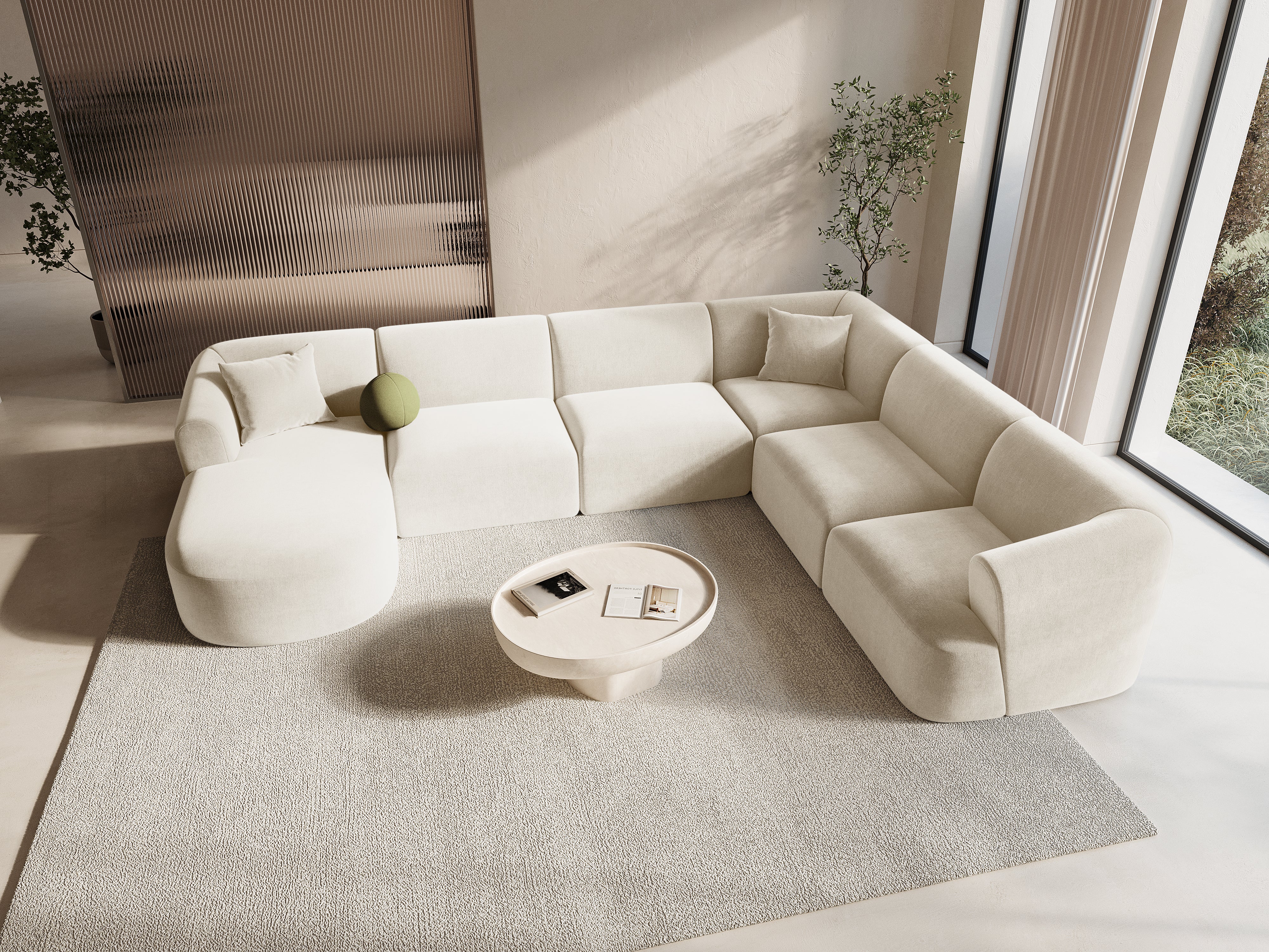 Rechtsseitiges, samtiges, panoramisches 7-sitziges Sofa CAMPI in hellbeige