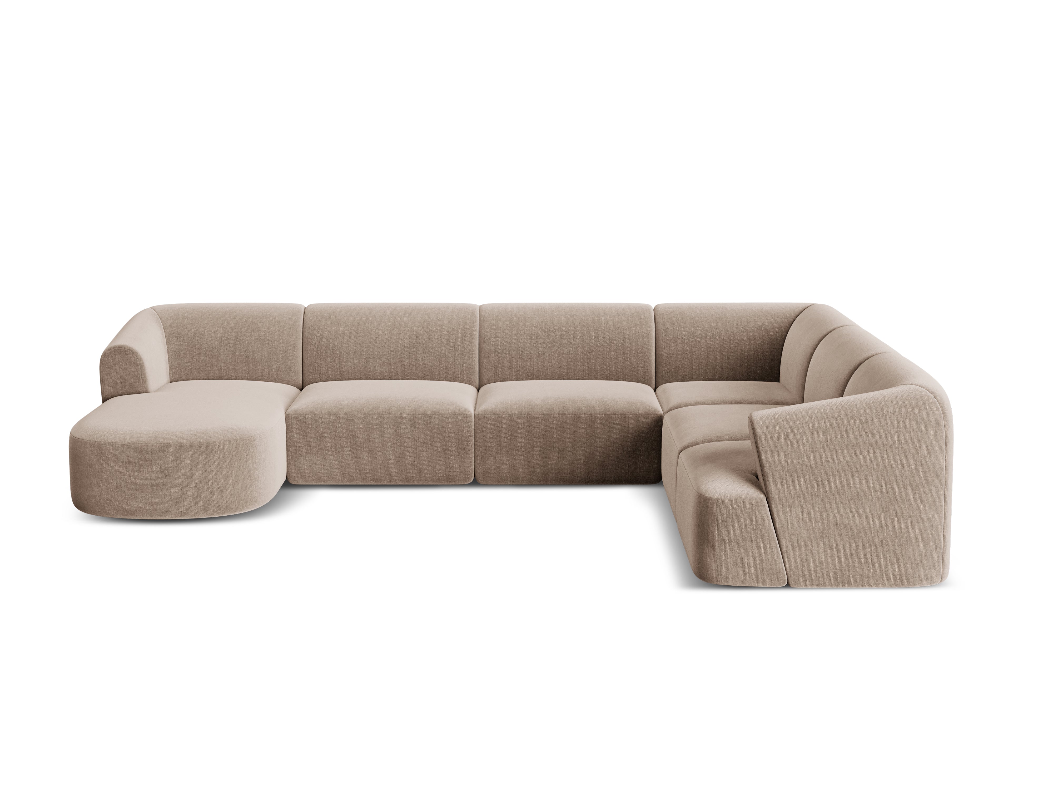 Rechtsseitiges, samtiges, panoramisches 7-sitziges Ecksofa CAMPI in dunkelbeige